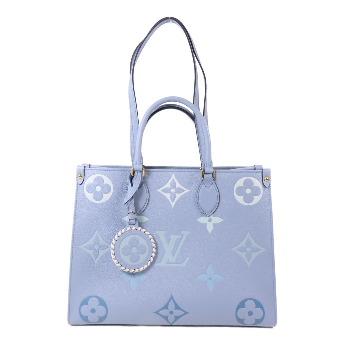 Louis Vuitton Onthego MM M45718 Blue Monogram Empreinte 2way Bag: Louis Vuitton Onthego MM M45718 Blue Monogram Empreinte 2way Bag Louis Vuitton On The Go MM 2-way shoulder bag in blue Monogram Empreinte calfskin. This women's bag features a structured silhouette wi