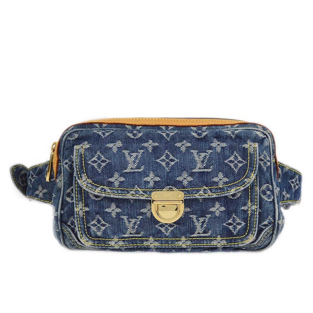 Louis Vuitton Monogram Denim Blue Waist Bag M95347: Louis Vuitton Monogram Denim Blue Waist Bag M95347 Louis Vuitton Monogram Denim bum bag in blue with leather trim and a zip closure. This medium waist pouch features an adjustable belt strap, one exte