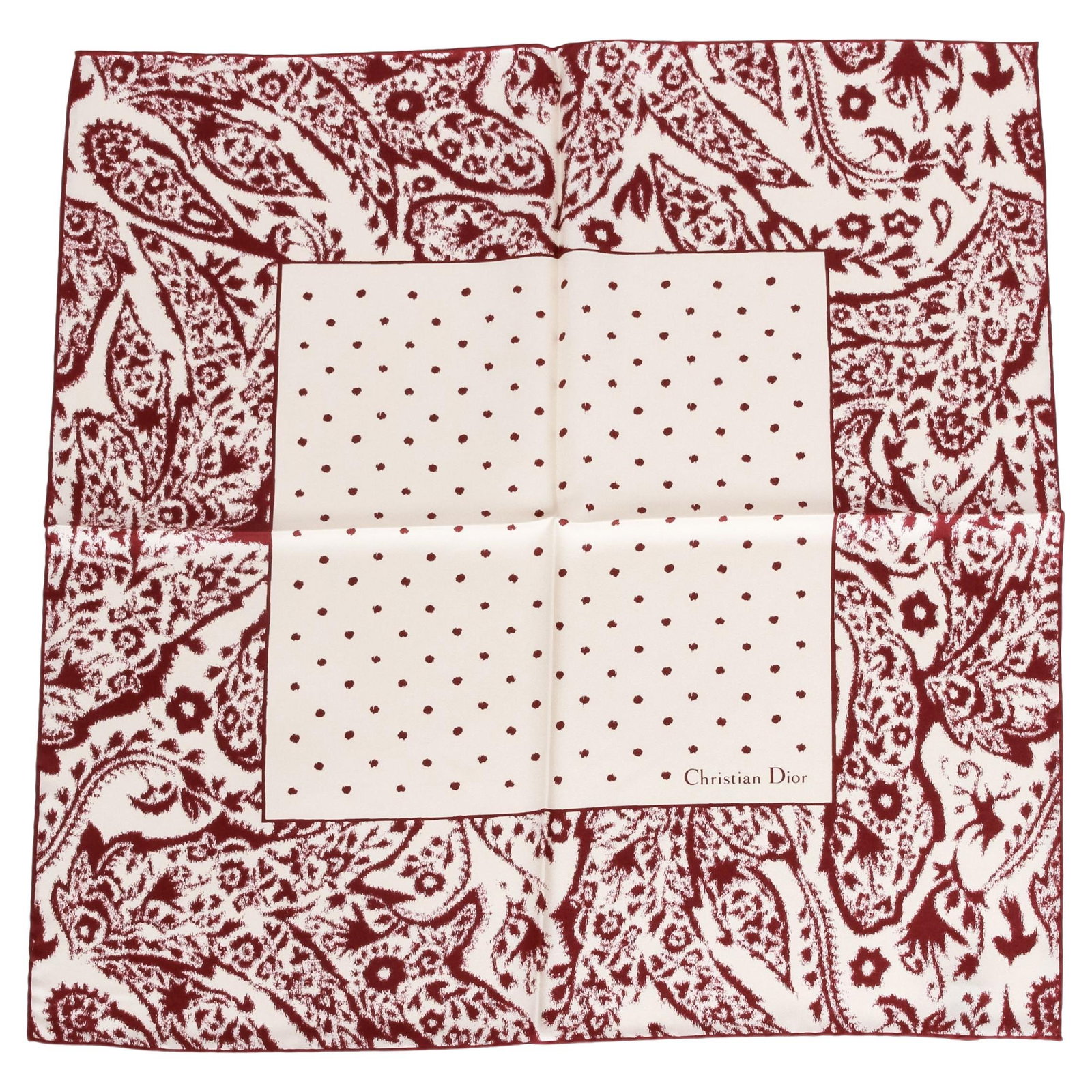 Christian Dior New Tribe Burgundy Cream Silk Scarf 21x21: Christian Dior New Tribe Burgundy Cream Silk Scarf 21x21 Elevate your accessory collection with this exquisite Dior New Tribe silk scarf. Featuring a striking burgundy and cream tribal pattern, this l