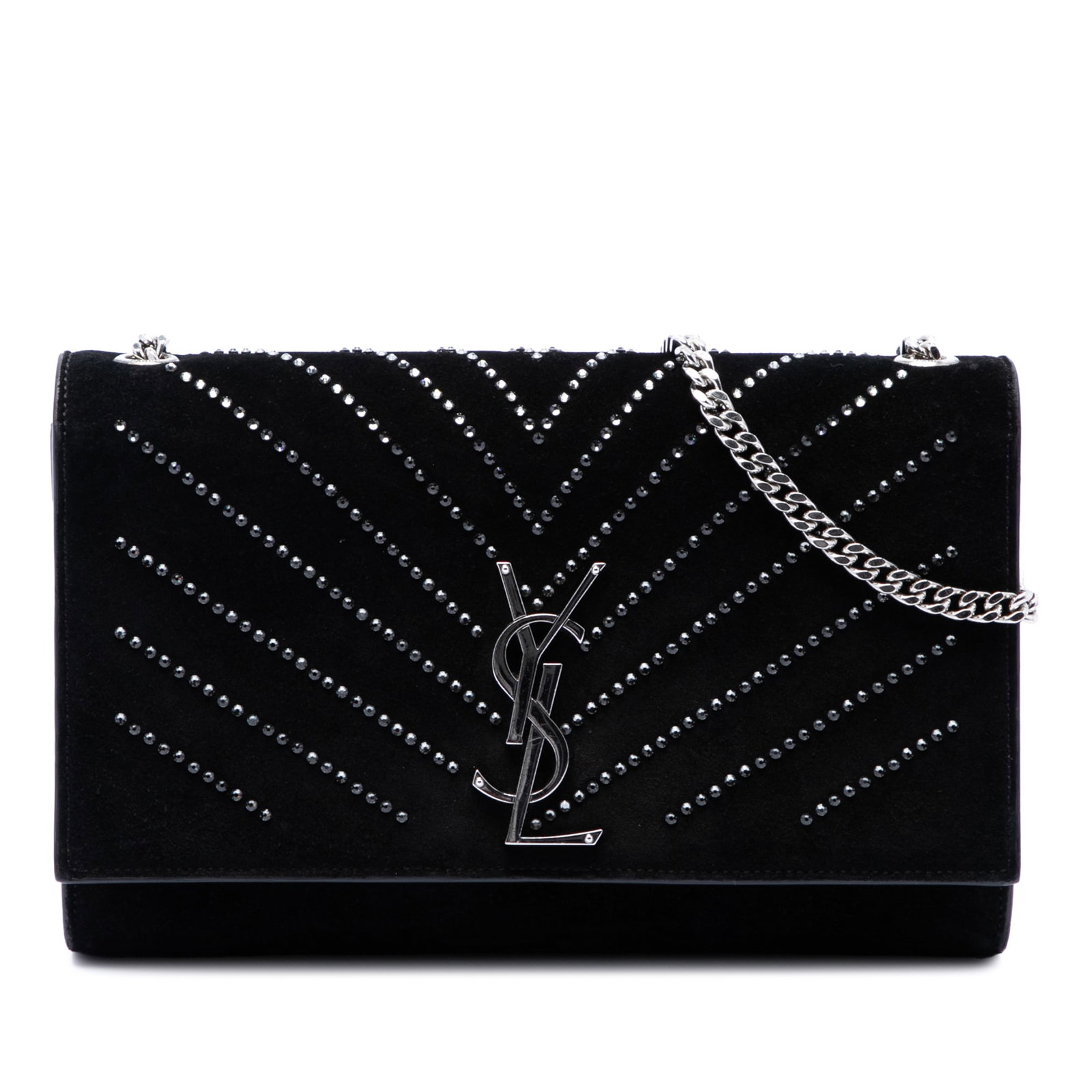 Saint Laurent Kate Monogram Crystal Suede Crossbody Bag: Saint Laurent Kate Monogram Crystal Suede Crossbody Bag Saint Laurent Suede Crystal Monogram Kate Crossbody bag in black, made in Italy. It features a suede body with crystal embellishment, a chain li