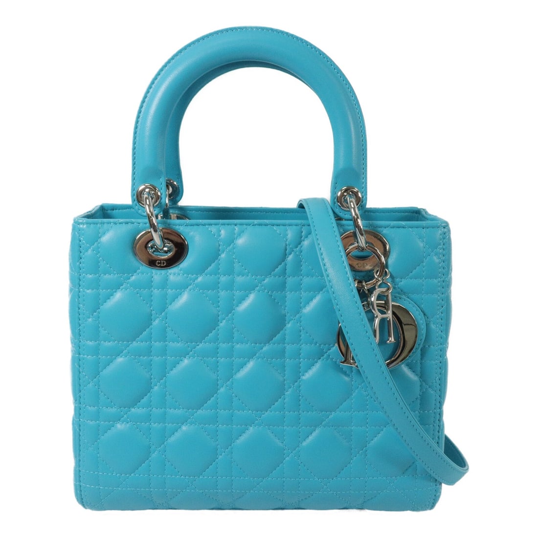 Dior Lady Dior Medium 2 Way Bag Blue Calfskin CD SHW: Dior Lady Dior Medium 2 Way Bag Blue Calfskin CD SHW Medium Lady Dior 2-way shoulder bag in blue calfskin leather with silver-tone hardware. This women's bag includes a top handle and a shoulder strap
