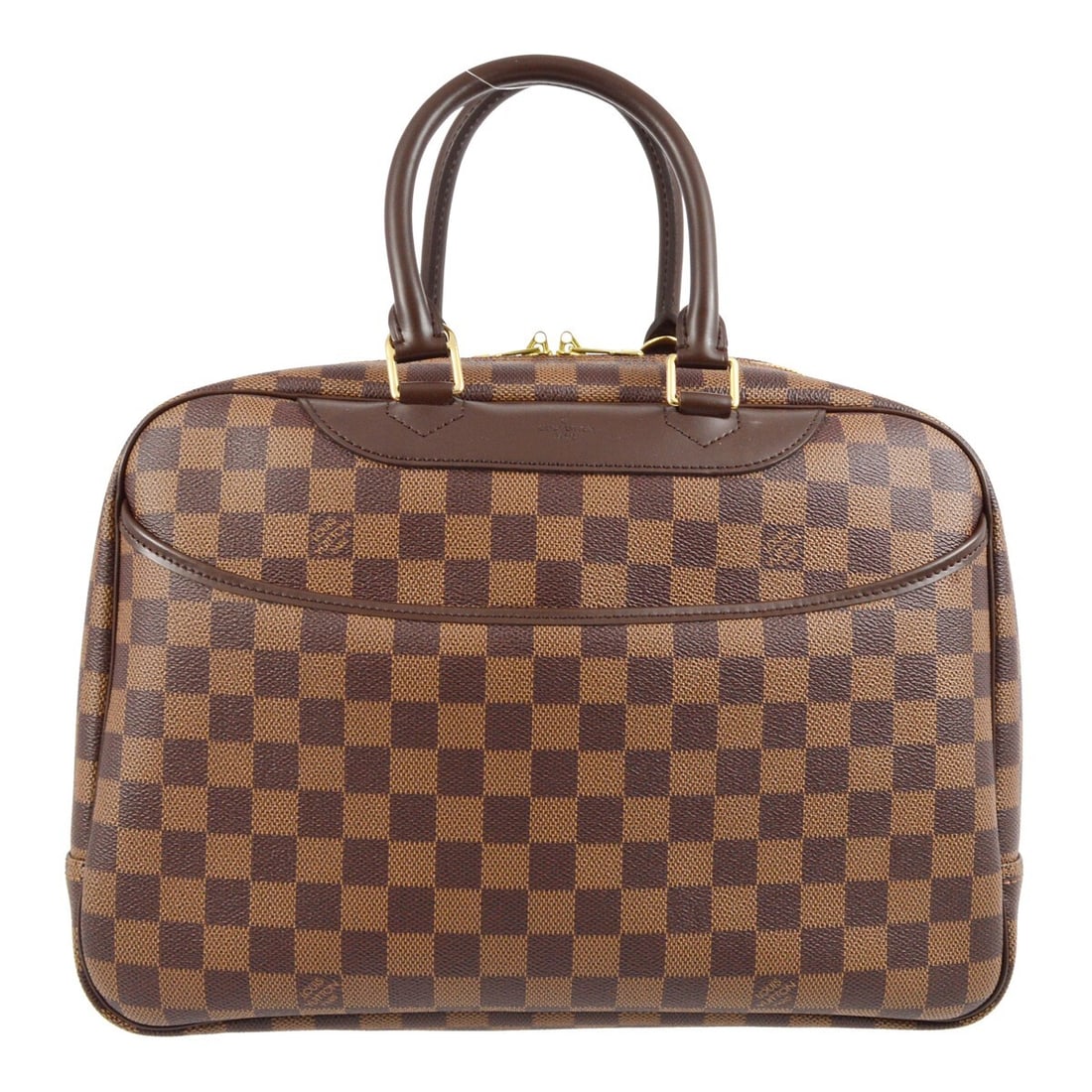 Louis Vuitton Deauville Bowling Vanity Handbag Damier Canvas Brown N47272: Louis Vuitton Deauville Bowling Vanity Handbag Damier Canvas Brown N47272 Louis Vuitton Deauville Bowling Vanity handbag in Damier canvas and leather, made in France. It features a zip closure, double