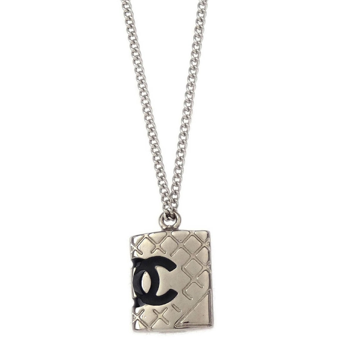 Chanel Cambon Ligne silver plated pendant necklace 05C: Chanel Cambon Ligne silver plated pendant necklace 05C A Chanel Cambon Ligne chain necklace pendant in silver tone. The pendant is book-shaped with a black Chanel logo, and the piece is described as s