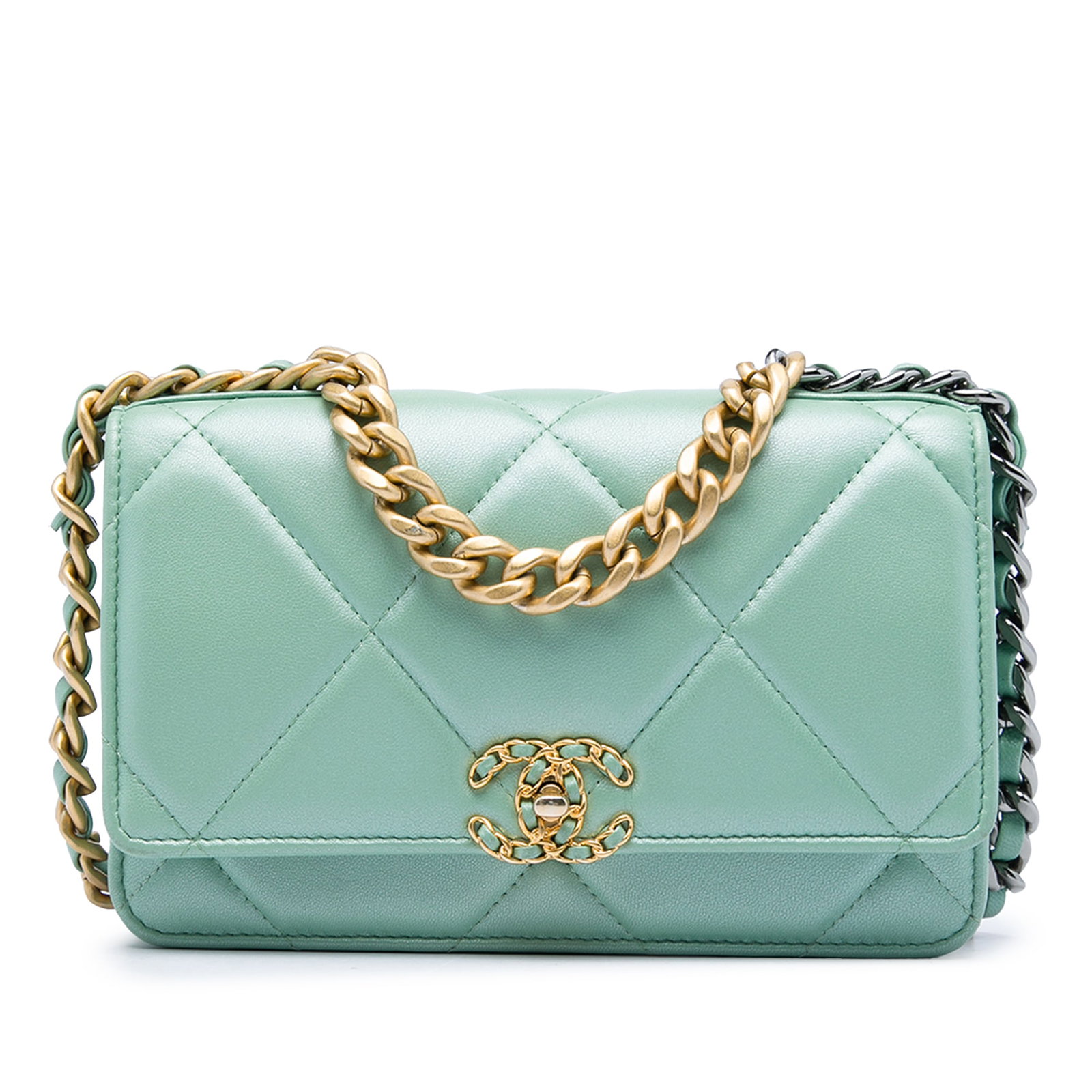 Chanel 19 Wallet on Chain in Green Quilted Lambskin: Chanel 19 Wallet on Chain in Green Quilted Lambskin Quilted lambskin wallet on chain in green with a flap and magnetic closure, chain-link handle, and a leather-woven chain shoulder strap with leather