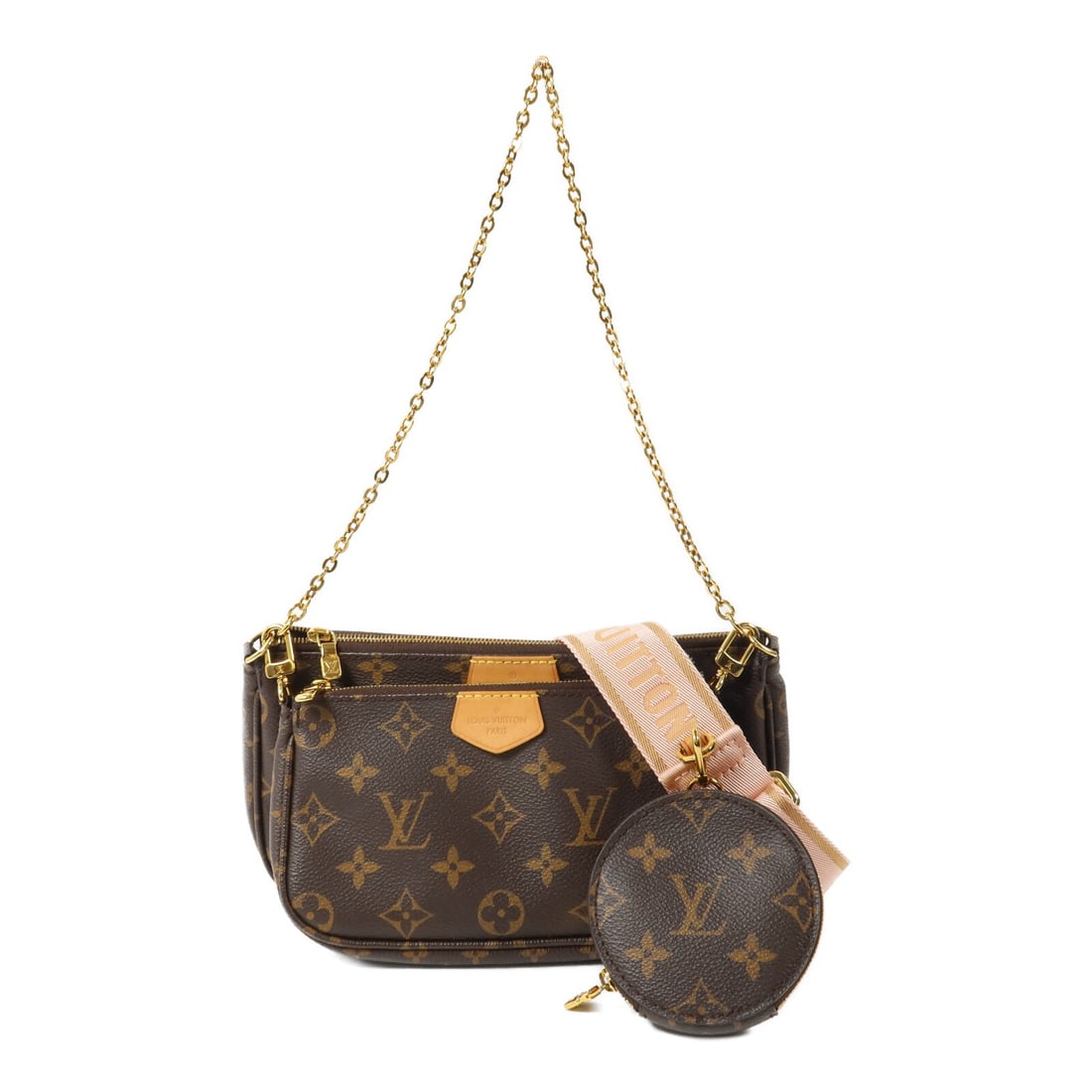 Louis Vuitton M44840 Multi Pochette Accessoires 2way Shoulder Bag Brown Pink: Louis Vuitton M44840 Multi Pochette Accessoires 2way Shoulder Bag Brown Pink Louis Vuitton Multi Pochette Accessoires bag in Monogram PVC coated canvas with a brown and pink colorway. This women's 2-w