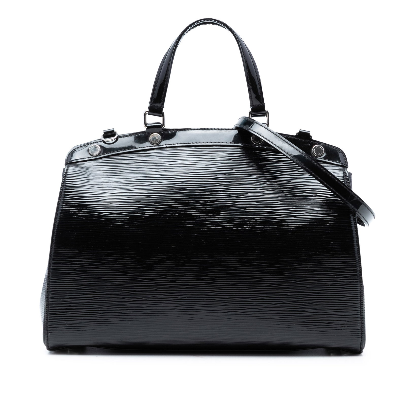 Black Electric Epi Leather Brea MM Bag by Louis Vuitton with Strap: Black Electric Epi Leather Brea MM Bag by Louis Vuitton with Strap This Louis Vuitton Electric Epi Brea MM features a black epi leather body with flat handles and a detachable flat leather strap. The 