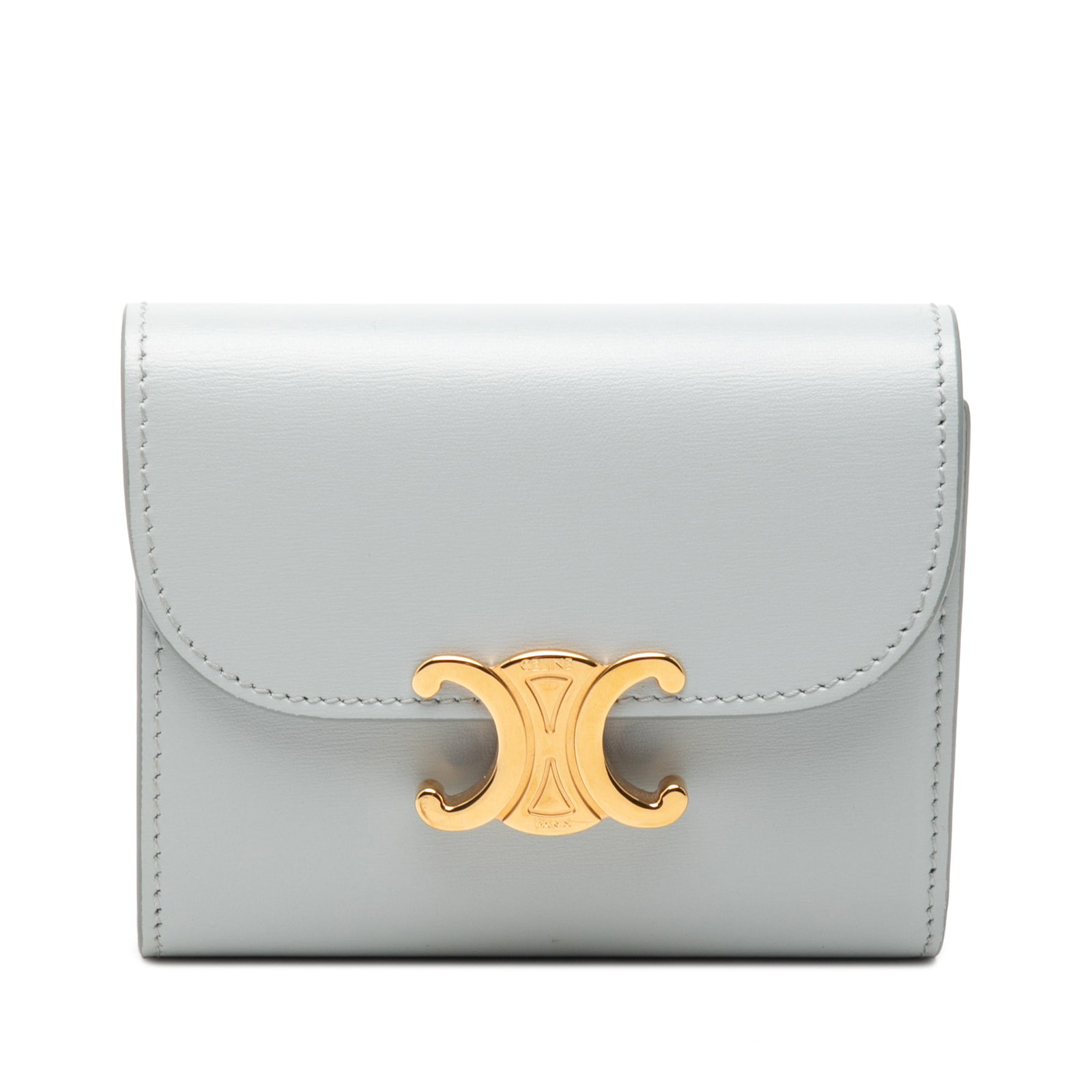 Celine Triomphe Small Flap Wallet in Gray Shiny Calfskin: Celine Triomphe Small Flap Wallet in Gray Shiny Calfskin Celine Triomphe flap small wallet crafted in shiny calfskin leather. This compact design features a flap with snap button closure, along with i