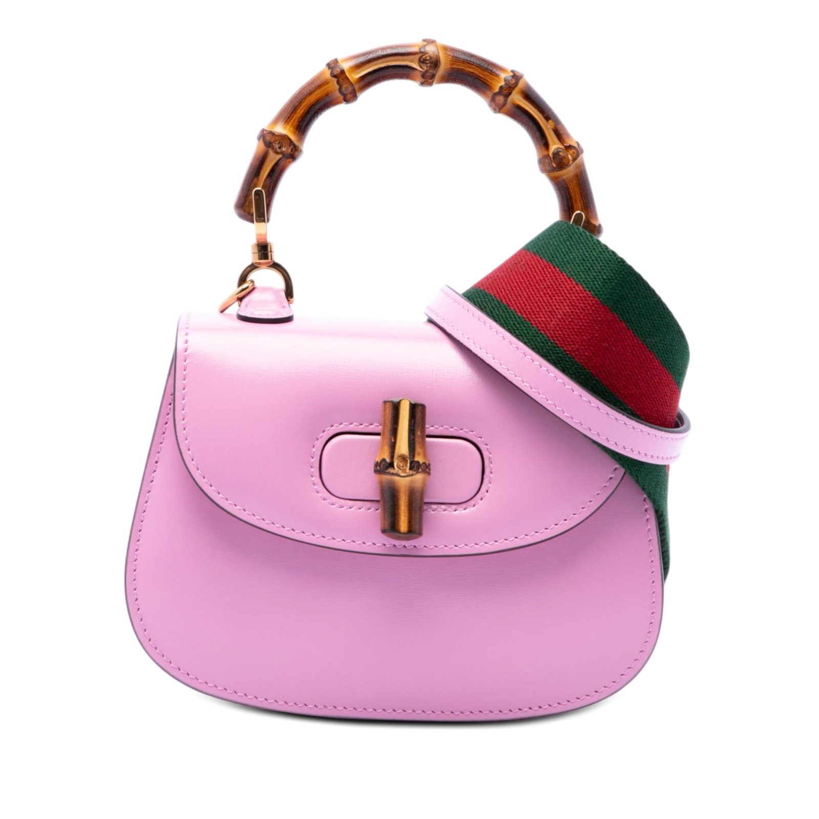 Gucci 1947 Bamboo Top Handle Mini Calfskin Satchel: Gucci 1947 Bamboo Top Handle Mini Calfskin Satchel Mini Gucci 1947 Bamboo top handle bag in pink calfskin leather with the signature bamboo handle and bamboo twist-lock front flap. The bag includes a 