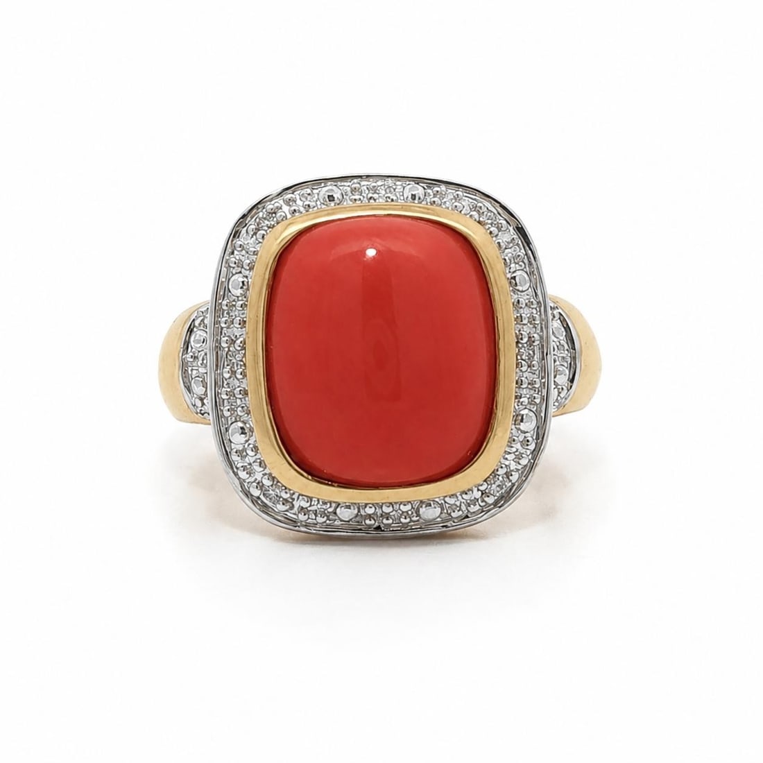 Cocktail Ring 14k Yellow Gold Coral Cabochon with 6 Diamond Accents: Cocktail Ring 14k Yellow Gold Coral Cabochon with 6 Diamond Accents A women's cocktail ring crafted in 14k solid yellow gold, featuring a natural genuine coral cushion cabochon in a bezel setting with