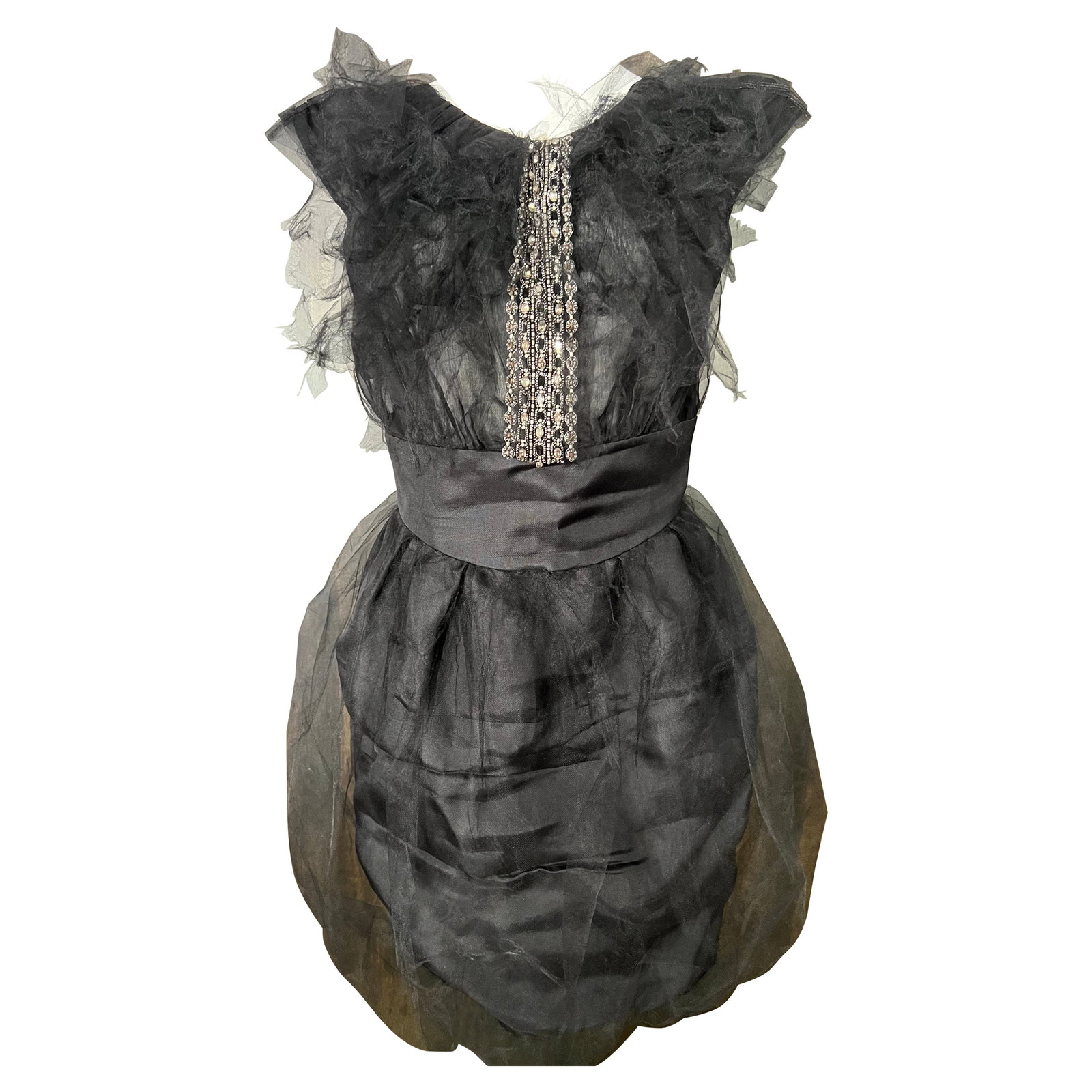 Valentino Size 10 Black Silk Mini Dress with Crystal Detail: Valentino Size 10 Black Silk Mini Dress with Crystal Detail A Valentino black mini dress in silk, designed with a round neck, short sleeves, tulle, crystal detail on the front, a back cut-out, and a c