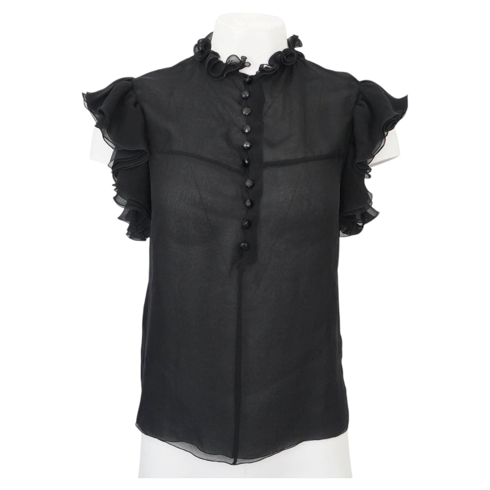 Balenciaga Paris black silk blouse with sheer ruffle front (1 of 10)