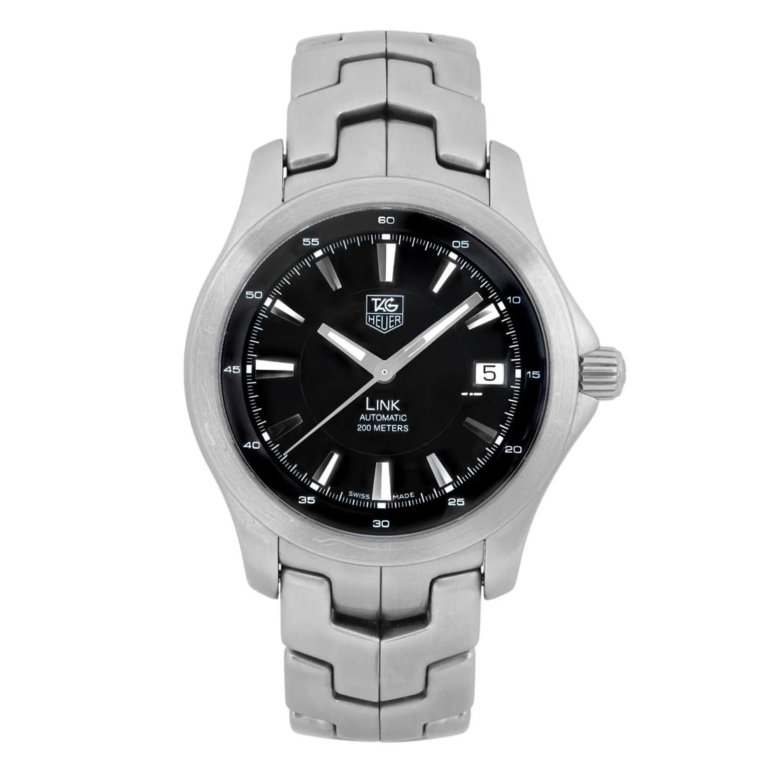 TAG Heuer Link Automatic Watch Black Dial Stainless Steel WJF2110.BA0570: TAG Heuer Link Automatic Watch Black Dial Stainless Steel WJF2110.BA0570 This TAG Heuer Link wristwatch combines style and functionality, featuring a sleek black dial complemented by stick indexes. Cr