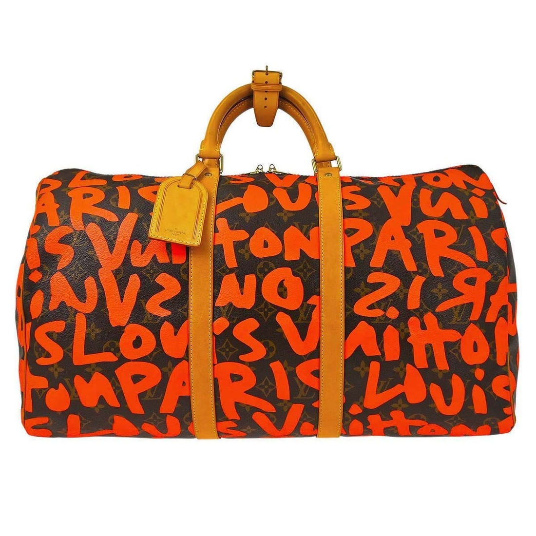 Louis Vuitton Keepall 50 Orange Monogram Graffiti Duffle Bag M93699: Louis Vuitton Keepall 50 Orange Monogram Graffiti Duffle Bag M93699 Louis Vuitton Keepall 50 duffle bag in orange Monogram Graffiti canvas with leather trim. This travel handbag features a zip closure