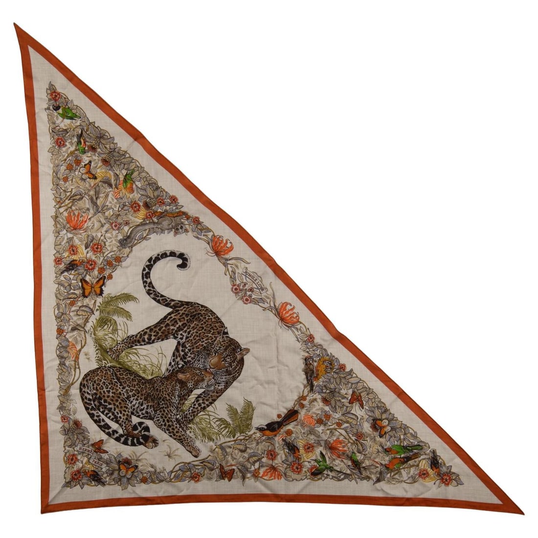 Hermes Jungle Love Giant Triangle cashmere silk shawl with box: Hermes Jungle Love Giant Triangle cashmere silk shawl with box Hermes "Jungle Love" Giant Triangle scarf in a cashmere and silk blend, designed by Robert Dallet and finished with hand-rolled edges. Th