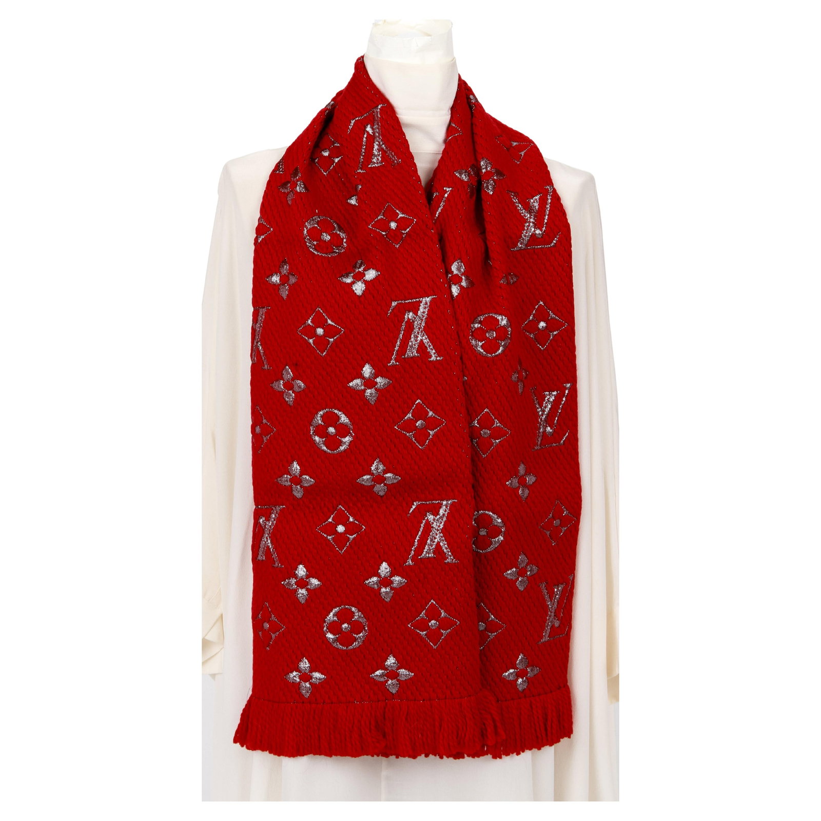 Louis Vuitton Logo Metallic Woven Scarf with Fringe Lurex Detail: Louis Vuitton Logo Metallic Woven Scarf with Fringe Lurex Detail Elevate your accessory game with this stunning Louis Vuitton Logo Metallic Woven Scarf. Designed with a striking Lurex detail, this sca