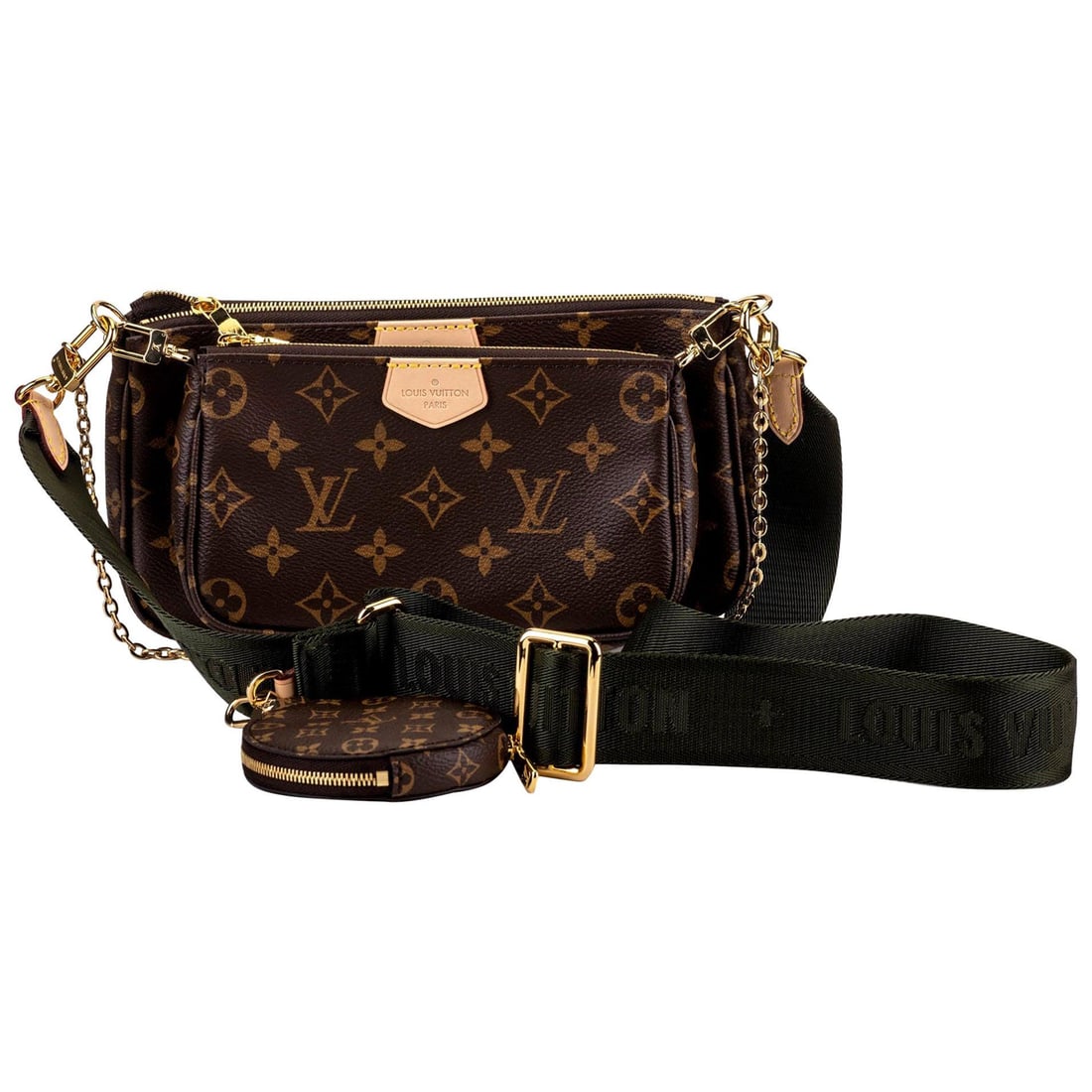 Louis Vuitton Multi Green Crossbody Pouch Bag with Detachable Parts: Louis Vuitton Multi Green Crossbody Pouch Bag with Detachable Parts This Louis Vuitton Multi Green Crossbody Pouch Bag is a stylish and versatile accessory made from durable coated monogram canvas fea