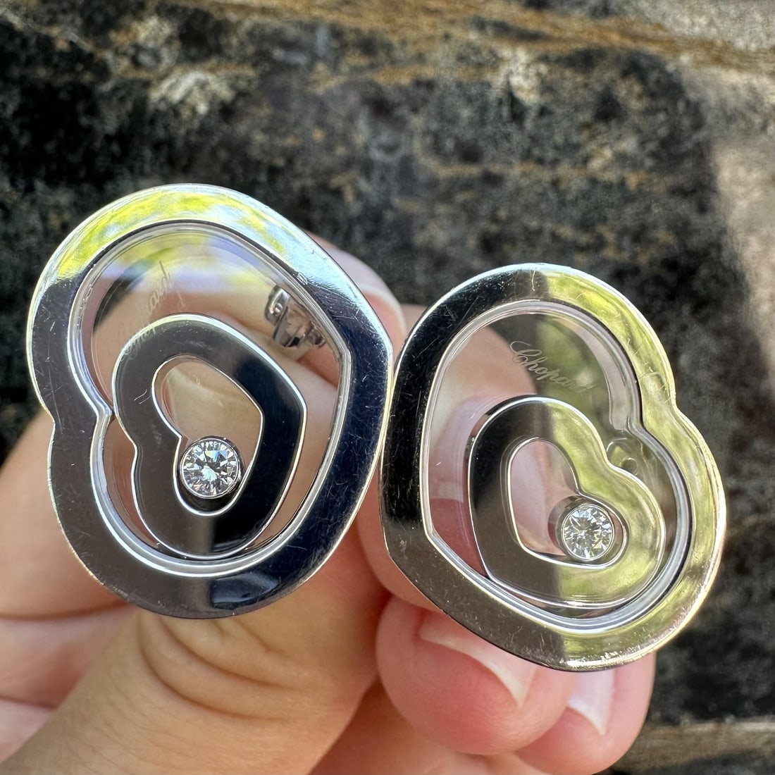 Chopard Happy Spirit 18k White Gold Diamond Heart Earrings: Chopard Happy Spirit 18k White Gold Diamond Heart Earrings These Chopard Happy Spirit Double Heart Floating Earrings are crafted from solid 18k white gold and feature two natural round brilliant cut d