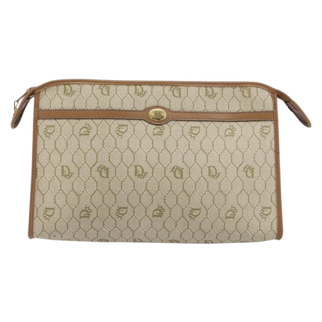 Christian Dior Beige Coated Canvas Honeycomb Zip Pouch Vintage: Christian Dior Beige Coated Canvas Honeycomb Zip Pouch Vintage This Christian Dior vintage zip pouch features a beige honeycomb-patterned coated canvas exterior designed for women. It offers a compact