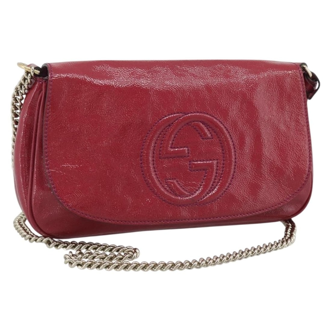Gucci Soho Chain patent leather shoulder bag pink: Gucci Soho Chain patent leather shoulder bag pink Gucci Soho Chain shoulder bag in pink patent leather. This pre-owned piece is in good condition with visible signs of use, including shape loss, light