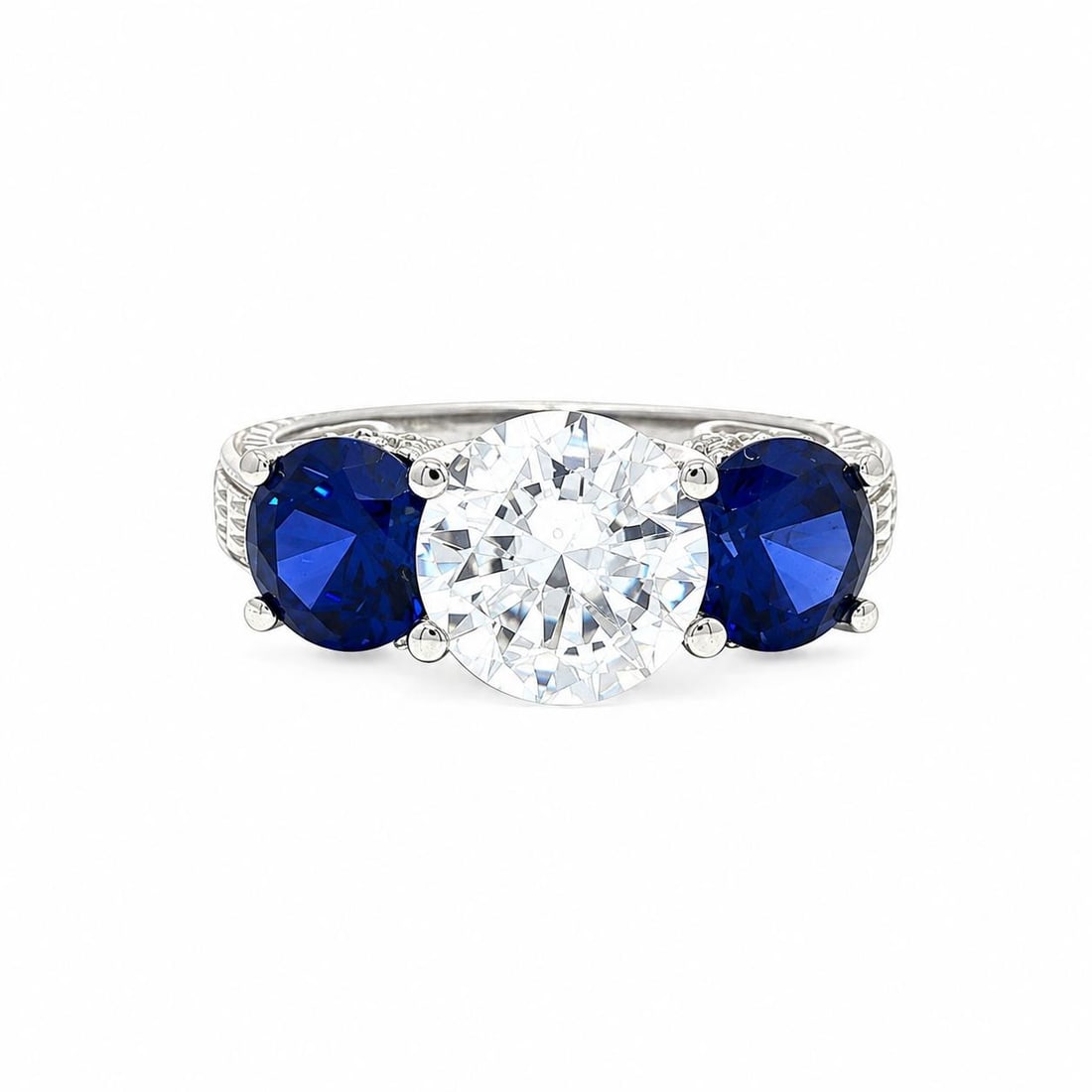 Unbranded 14k White Gold Cocktail Ring CZ Sapphire Diamond Floral Engraved: Unbranded 14k White Gold Cocktail Ring CZ Sapphire Diamond Floral Engraved Pre-owned cocktail ring featuring a lab-created cubic zirconia center accented by synthetic sapphires and natural genuine dia