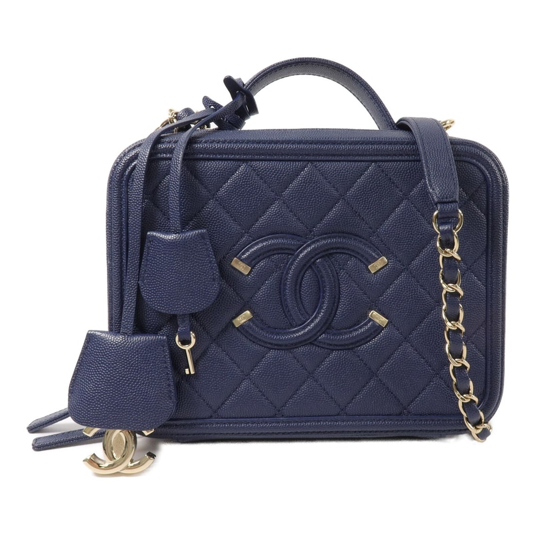 CHANEL Vanity Case Blue Calfskin 2 Way Chain Shoulder Bag CC GHW: CHANEL Vanity Case Blue Calfskin 2 Way Chain Shoulder Bag CC GHW CHANEL 2-way shoulder bag vanity case in blue calfskin (cowhide) leather. It features a chain shoulder strap, blue exterior and frame c