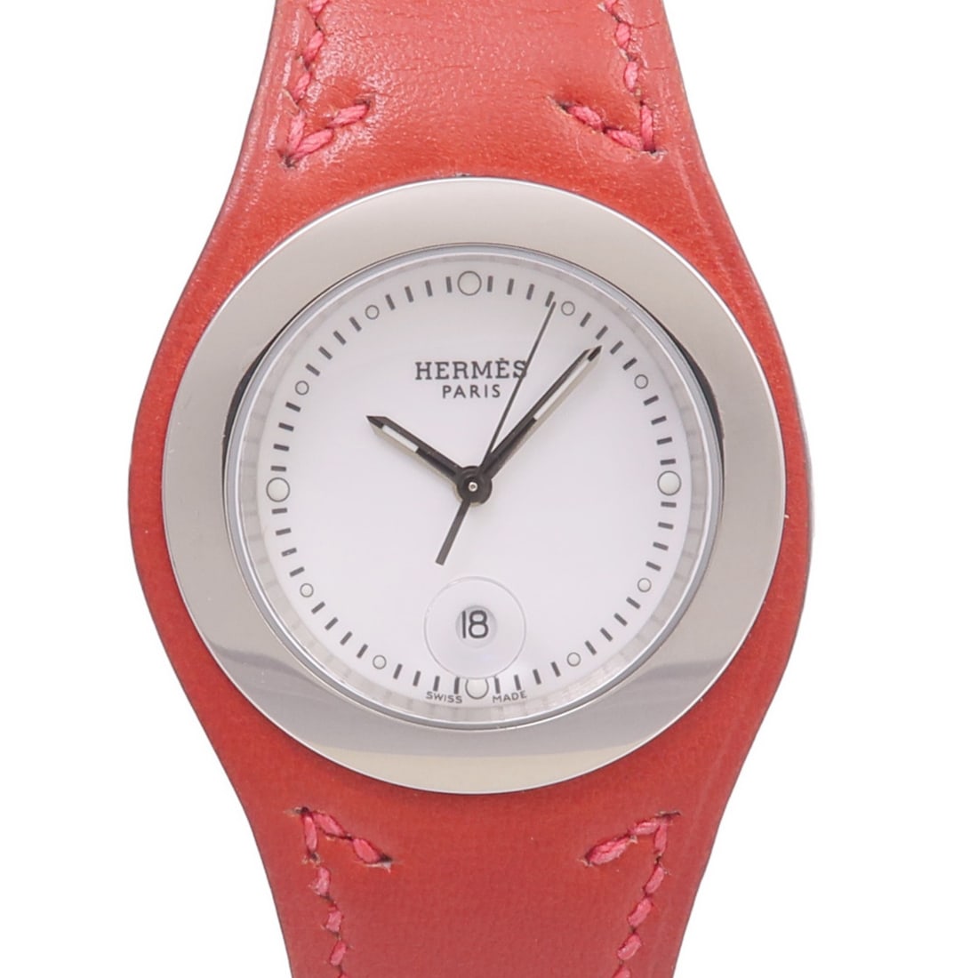 Hermes Harnais HA3.410 stainless steel quartz wristwatch white dial: Hermes Harnais HA3.410 stainless steel quartz wristwatch white dial Hermes Harnais HA3.410 quartz wristwatch with a white dial and white frame color. It features a stainless steel case and a stainless