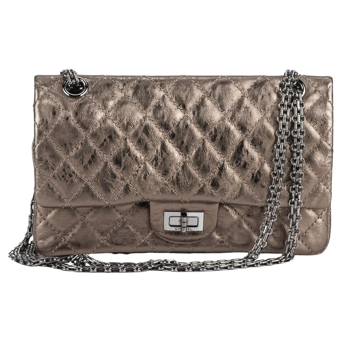 Chanel Bronze Reissue Medium Flap Bag Quilted Calfskin with Ruthenium Chain: Chanel Bronze Reissue Medium Flap Bag Quilted Calfskin with Ruthenium Chain Introducing the Chanel Bronze Reissue Medium Flap Bag, a timeless piece crafted from luxurious quilted calfskin leather in a