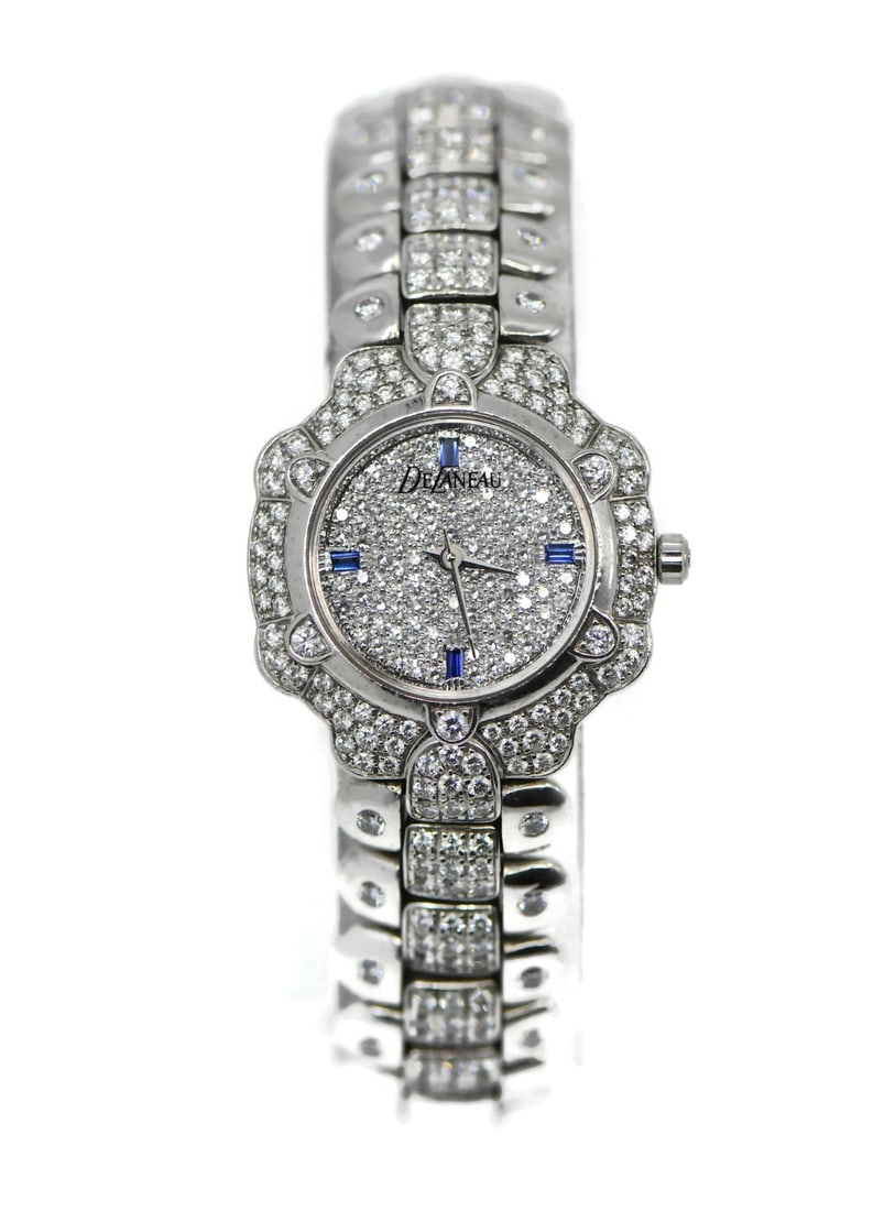 Delaneau Gstaad Diamond 18K White Gold Watch Ref L600 Authentic: Delaneau Gstaad Diamond 18K White Gold Watch Ref L600 Authentic The Delaneau Gstaad Diamond wristwatch is a luxurious timepiece crafted from 18K white gold. Featuring a sleek analog display, this watc