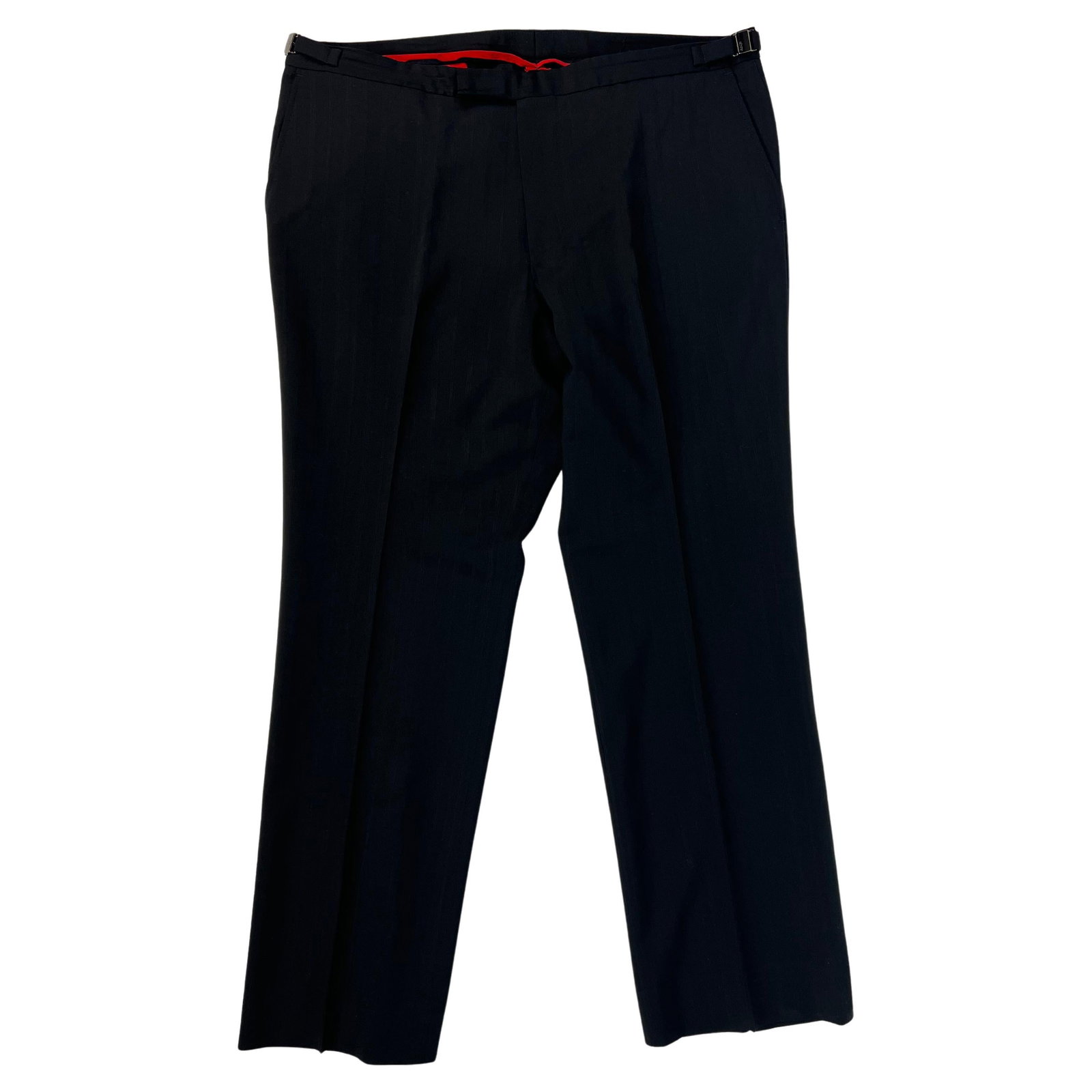 Hugo Boss Size 38 Black Wool Straight Leg Pants: Hugo Boss Size 38 Black Wool Straight Leg Pants Hugo Boss black wool trousers in a straight fit with buckle detail on each side. The pants feature side pockets, rear concealed pockets, and a striped p