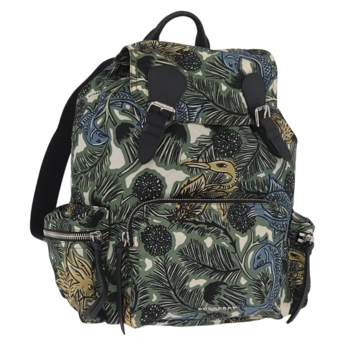 Burberry Nylon Backpack in Green with Silver Tone Trim: Burberry Nylon Backpack in Green with Silver Tone Trim Burberry nylon backpack in green and silver, designed for women. This pre-owned bag shows reasonable wear and tear consistent with condition rank