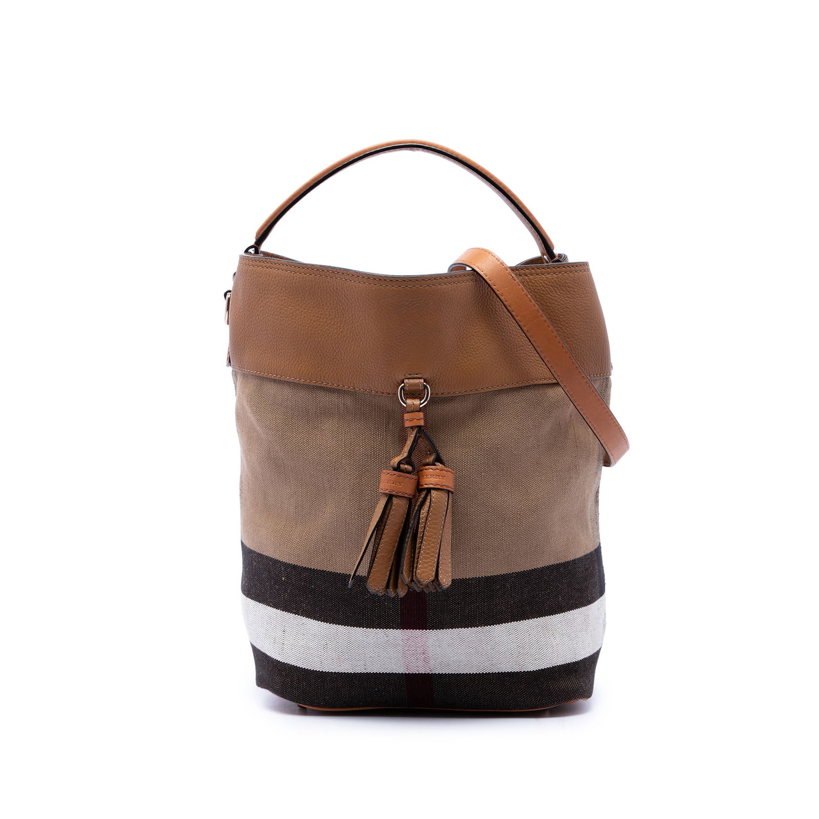 Burberry Ashby Medium Bucket Bag in Mega Check Canvas Calfskin: Burberry Ashby Medium Bucket Bag in Mega Check Canvas Calfskin Burberry Ashby tassel bucket bag in mega check canvas with grained calfskin trim. This medium bucket-style bag features a flat leather ha