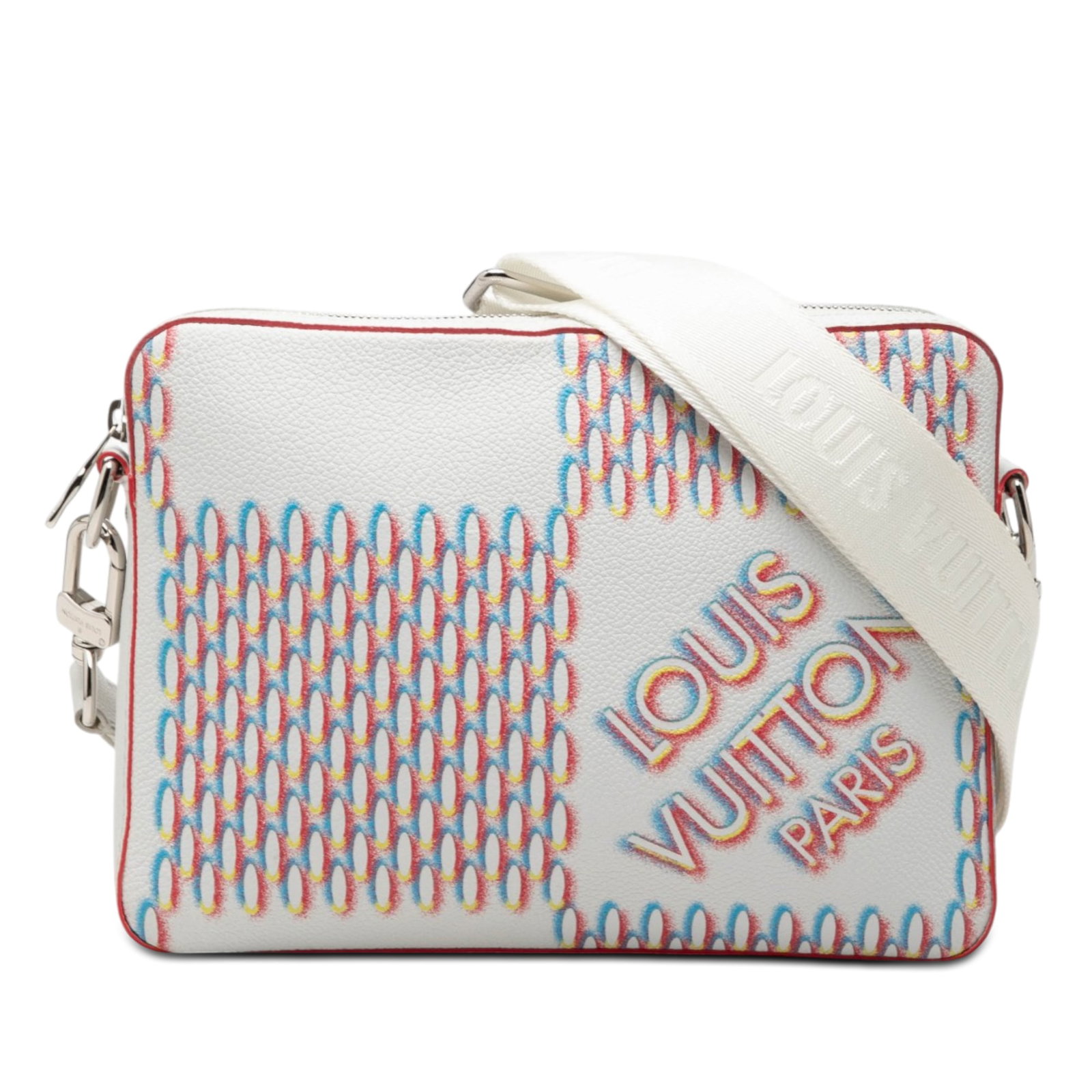 Louis Vuitton Trio Damier Spray Leather Messenger Bag: Louis Vuitton Trio Damier Spray Leather Messenger Bag This Louis Vuitton Damier Spray Trio Messenger Bag features a printed leather body with a distinctive design. It is equipped with an adjustable fl