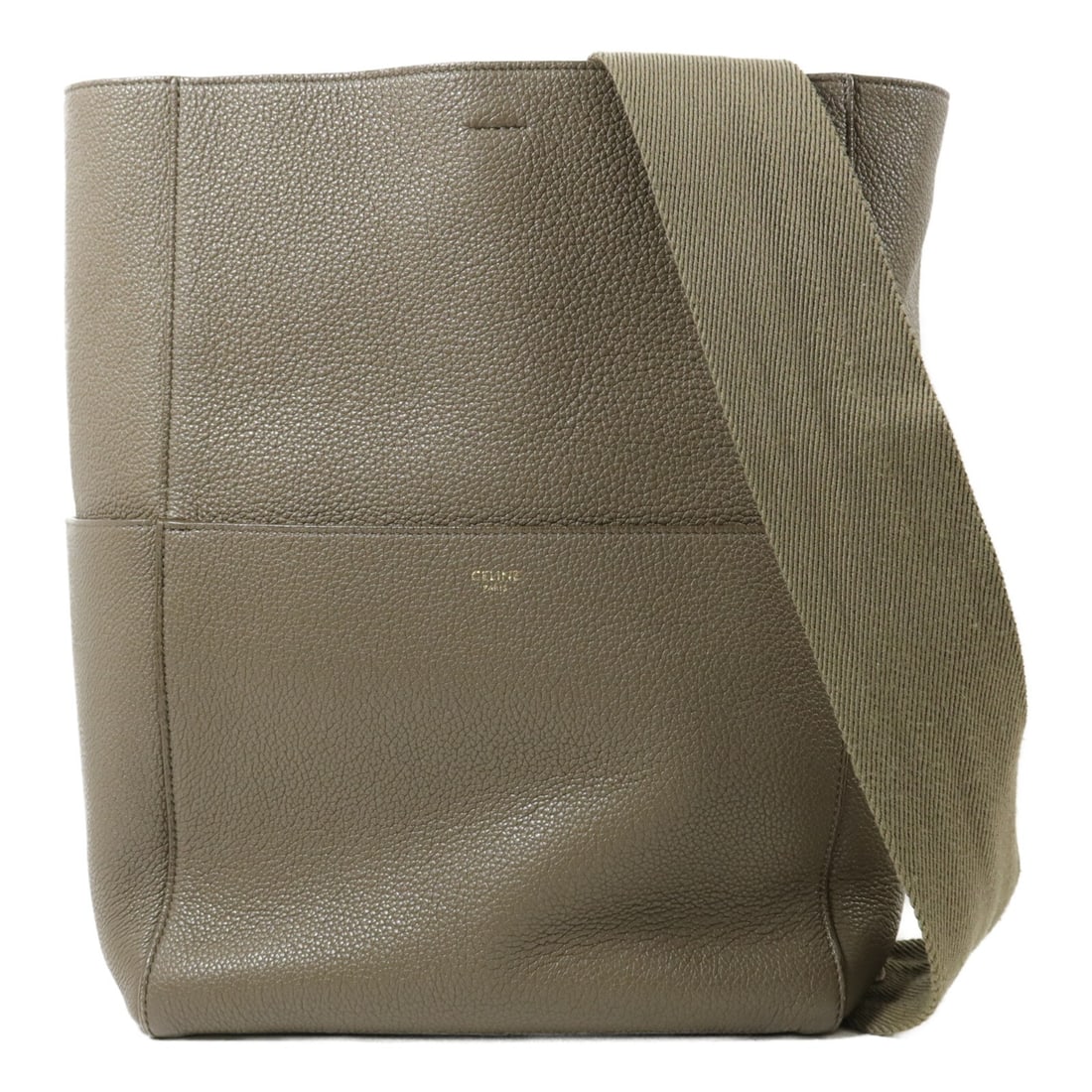 CELINE Sangle Bucket Large Gray Calfskin Leather Handbag: CELINE Sangle Bucket Large Gray Calfskin Leather Handbag CELINE Sangle Bucket Large handbag in gray calfskin leather. This regular-size women's handbag features a bucket style with a shoulder strap, f