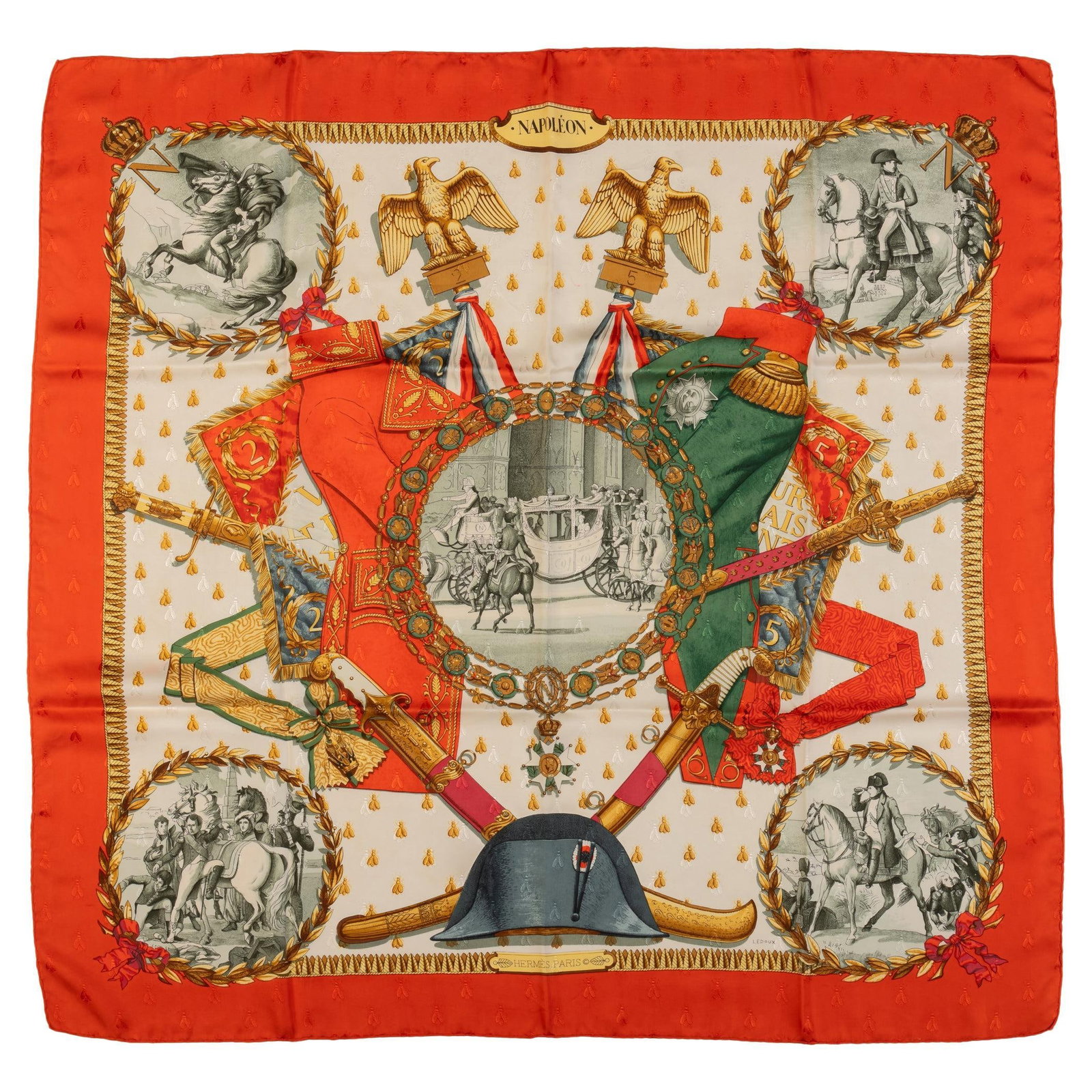 Hermes Napoleon Red Silk Twill Scarf 35 in Hand-Rolled Edges: Hermes Napoleon Red Silk Twill Scarf 35 in Hand-Rolled Edges Elevate your accessory collection with this exquisite Hermes Napoleon Red Silk Scarf. Crafted from 100% silk twill, this scarf features han