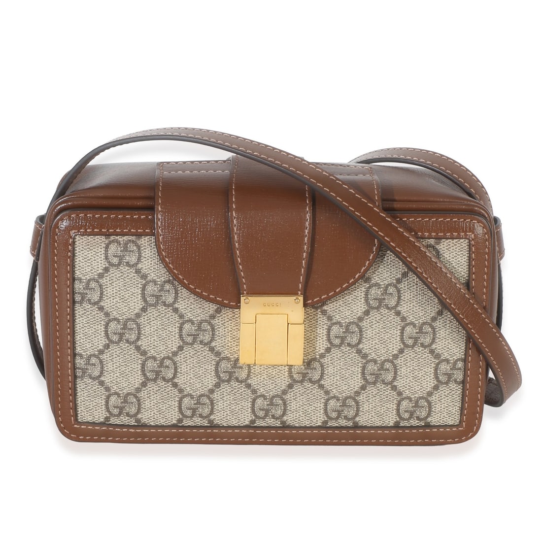 Gucci Mini Clasp Bag Brown GG Supreme Coated Canvas Leather: Gucci Mini Clasp Bag Brown GG Supreme Coated Canvas Leather Pre-owned Gucci Mini Clasp Bag in brown GG Supreme monogram with coated canvas and leather construction. This compact unisex bag features a 