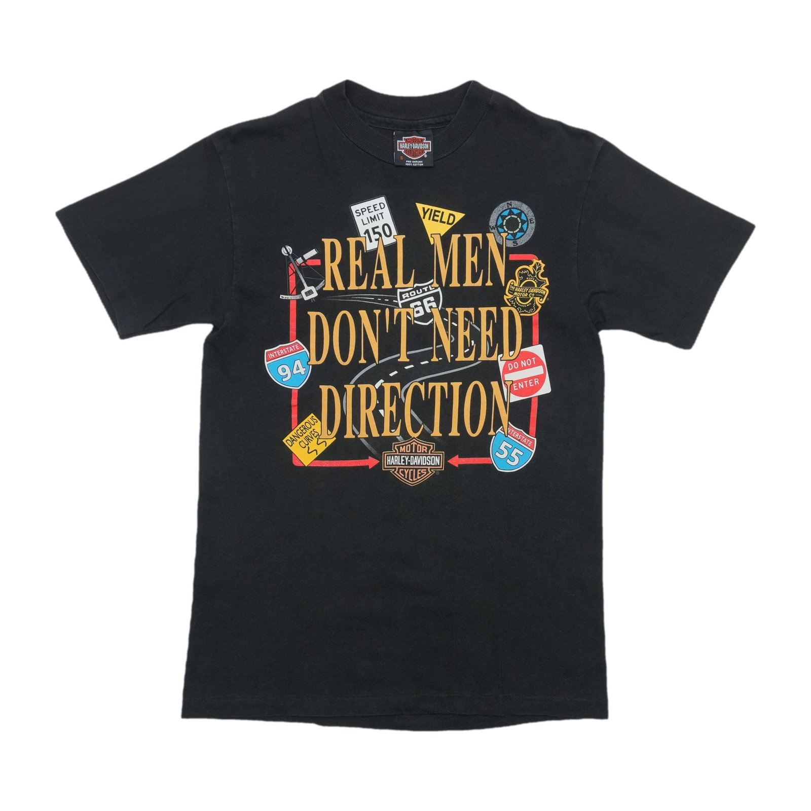 Harley Davidson 1990s black cotton T shirt Small: Harley Davidson 1990s black cotton T shirt Small Original vintage 1990s Harley Davidson "Real Men Don't Need Direction" shirt. This is a true vintage piece, not a modern reproduction. Sizes can vary, 
