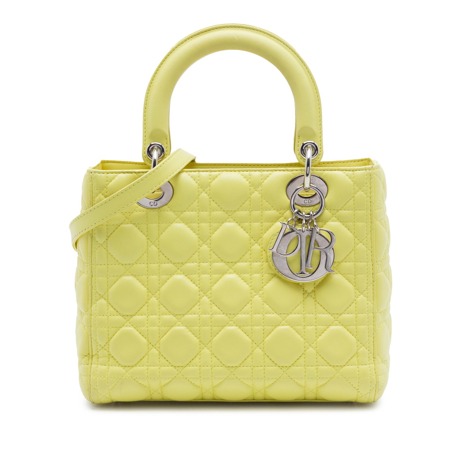 Dior Lady Dior Medium Cannage Lambskin Shoulder Bag Yellow: Dior Lady Dior Medium Cannage Lambskin Shoulder Bag Yellow Medium Lady Dior handbag crafted in yellow quilted lambskin leather with the Cannage pattern. It features flat leather top handles, a detacha