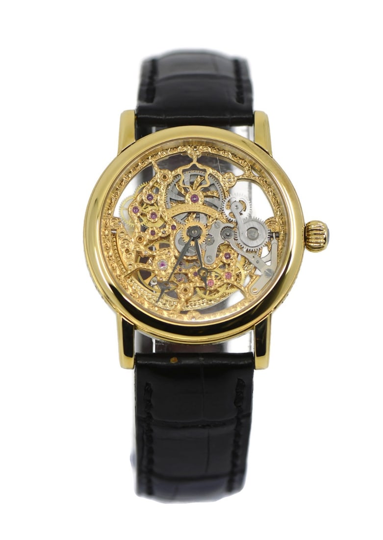 Montblanc Star Skeleton 75th Anniversary 18K Yellow Gold Manual Watch: Montblanc Star Skeleton 75th Anniversary 18K Yellow Gold Manual Watch This Montblanc Skeleton Star 75th Anniversary wristwatch features a 33mm case crafted in 18K yellow gold and a classic analog disp