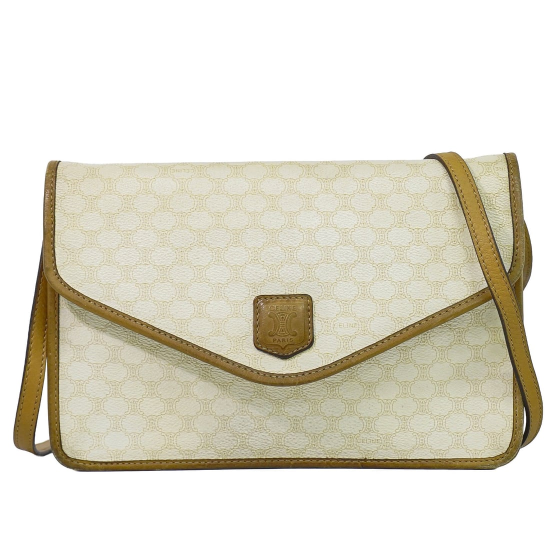 Celine Flap Shoulder Bag Beige Canvas Italy: Celine Flap Shoulder Bag Beige Canvas Italy A Celine Flap Shoulder bag in beige canvas, designed for women. Made in Italy, it measures 25 cm x 16 cm x 5 cm. The bag is in fair condition with light ext