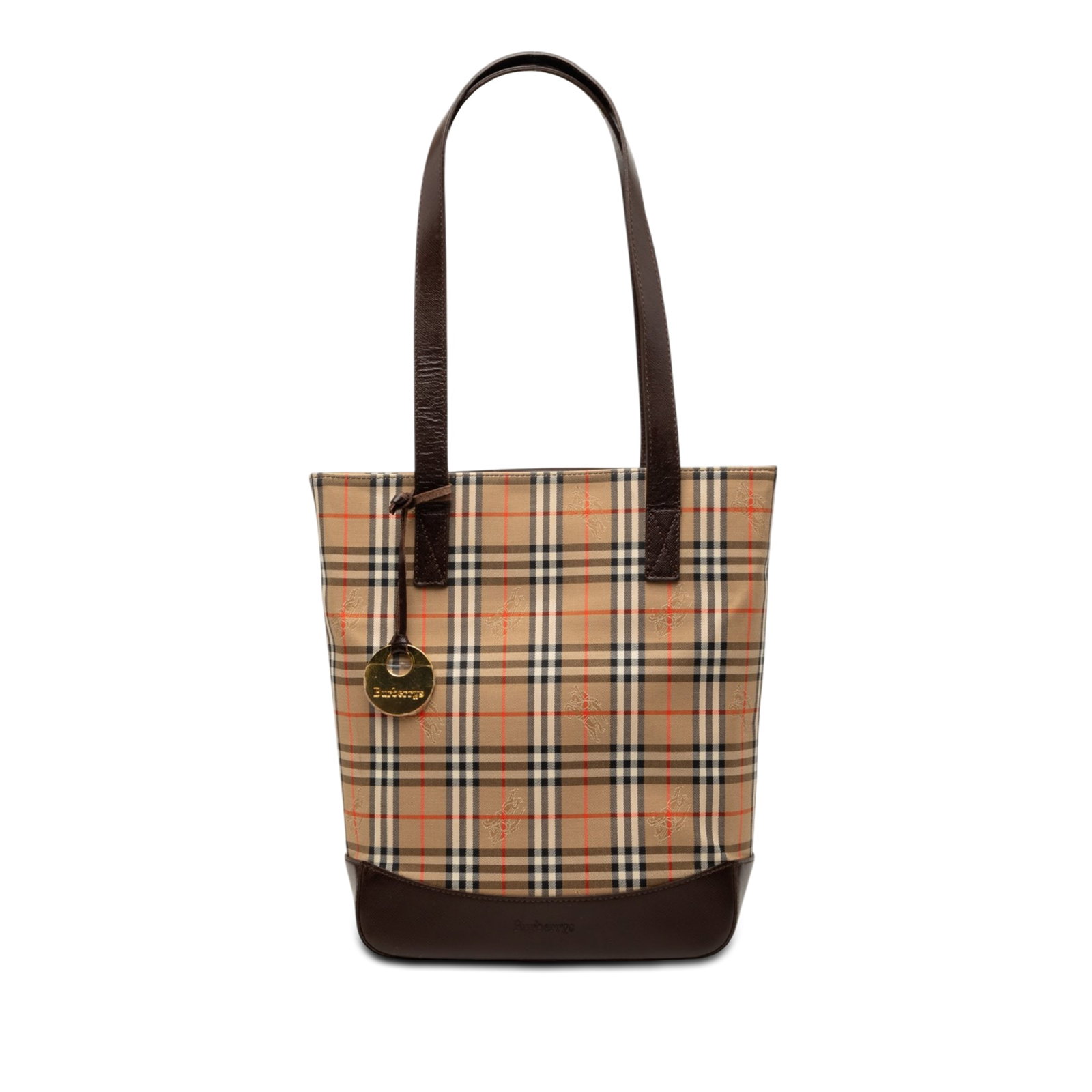 Burberry Haymarket Check Tote Bag in Canvas and Leather: Burberry Haymarket Check Tote Bag in Canvas and Leather Burberry Haymarket Check canvas tote with a leather bottom panel, flat leather straps, a top fold-in flap with snap button closure, an exterior 