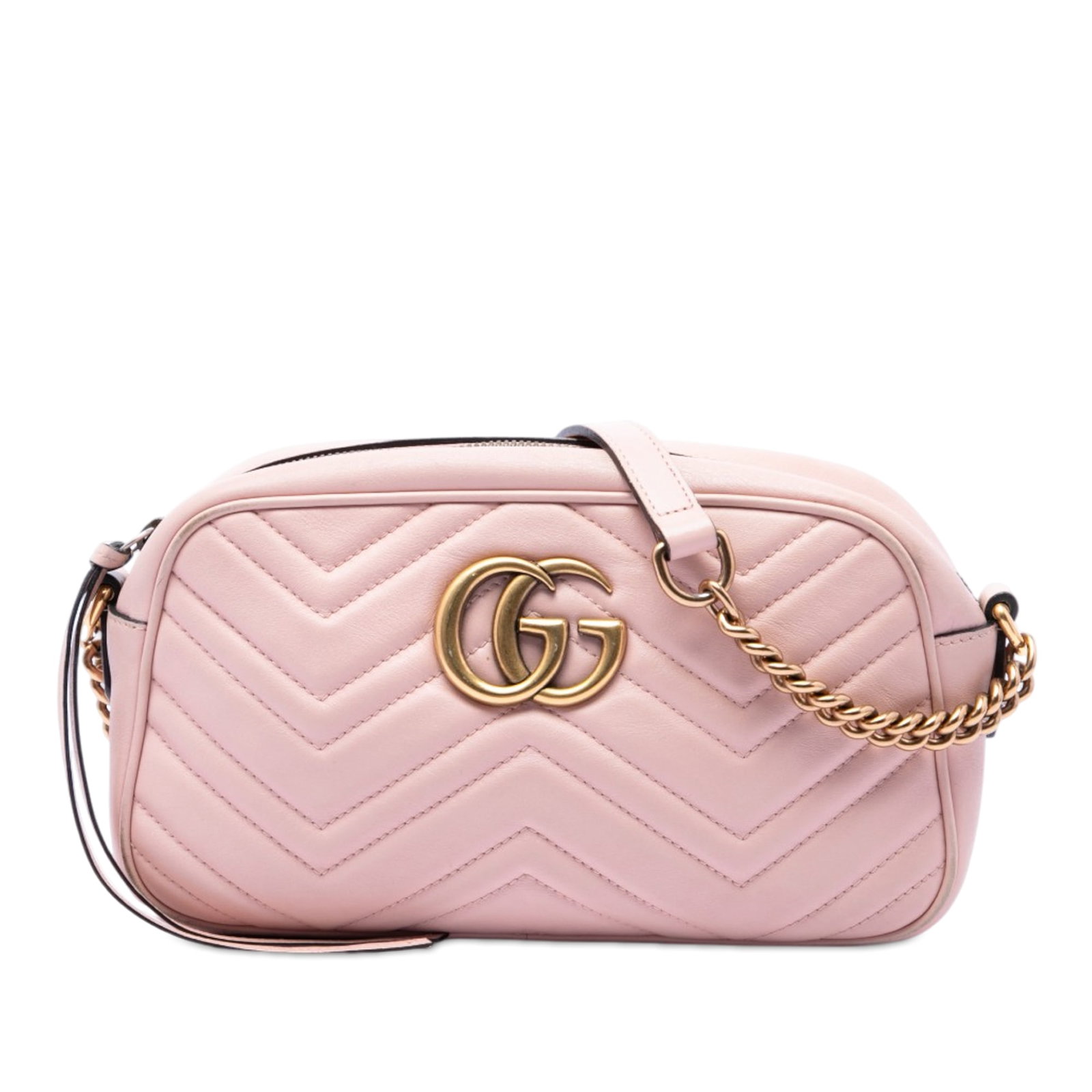 Gucci GG Marmont Small Pink Leather Crossbody Bag: Gucci GG Marmont Small Pink Leather Crossbody Bag Gucci Small GG Marmont Matelasse Calfskin Crossbody in pink quilted leather. This crossbody bag features a curb chain strap, top zip closure, and an