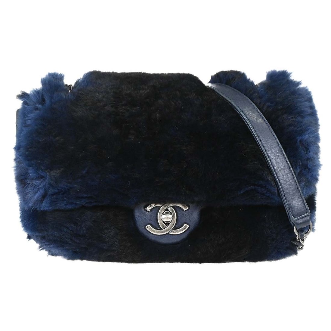 CHANEL Medium Shoulder Bag in Navy Rabbit Fur: CHANEL Medium Shoulder Bag in Navy Rabbit Fur Chanel shoulder bag in navy rabbit fur with logo accents. Made in Italy, this medium bag features a zipper pocket inside and includes the serial sticker a