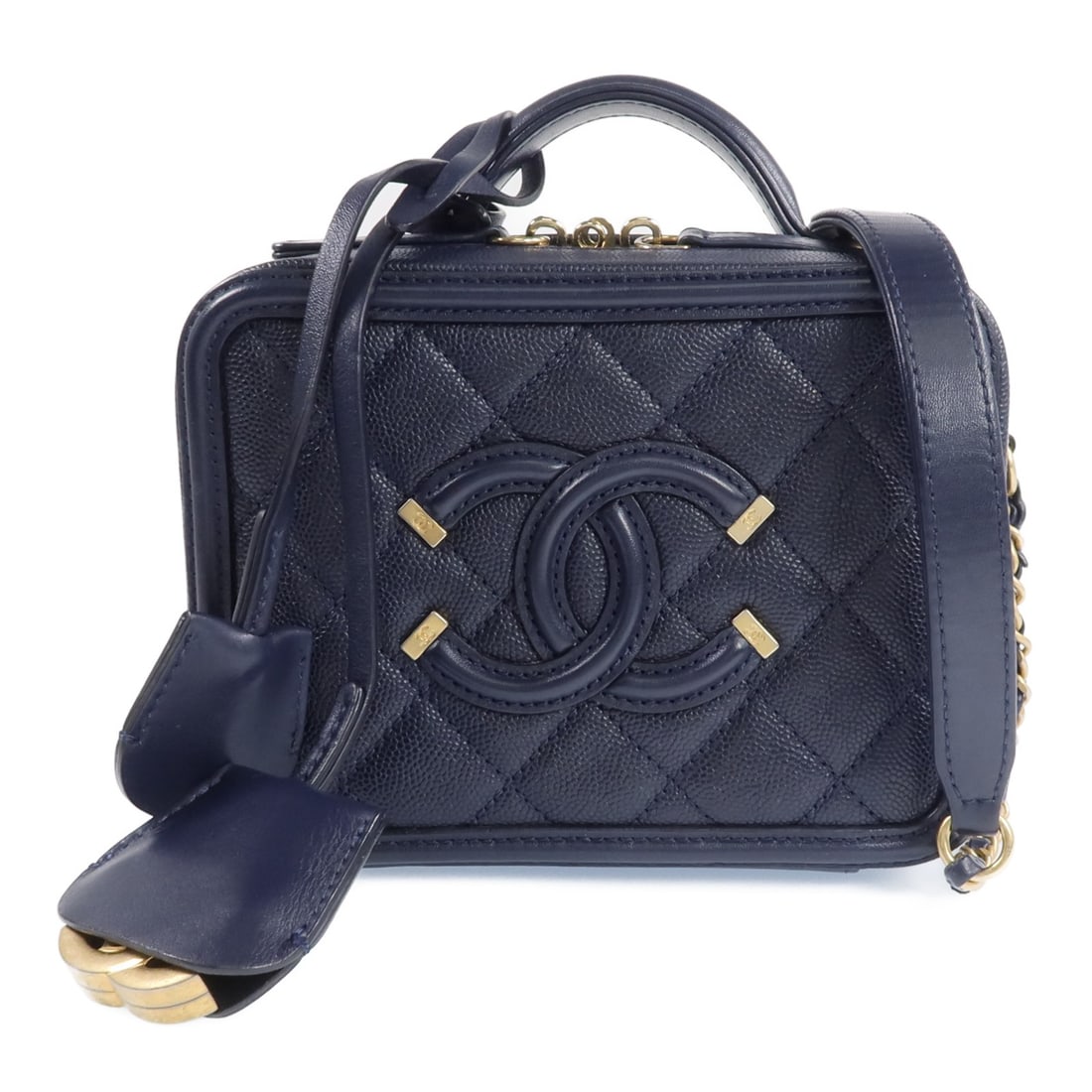 CHANEL A93342 Calfskin Vanity Case Shoulder Bag Blue with Key Padlock (1 of 18)