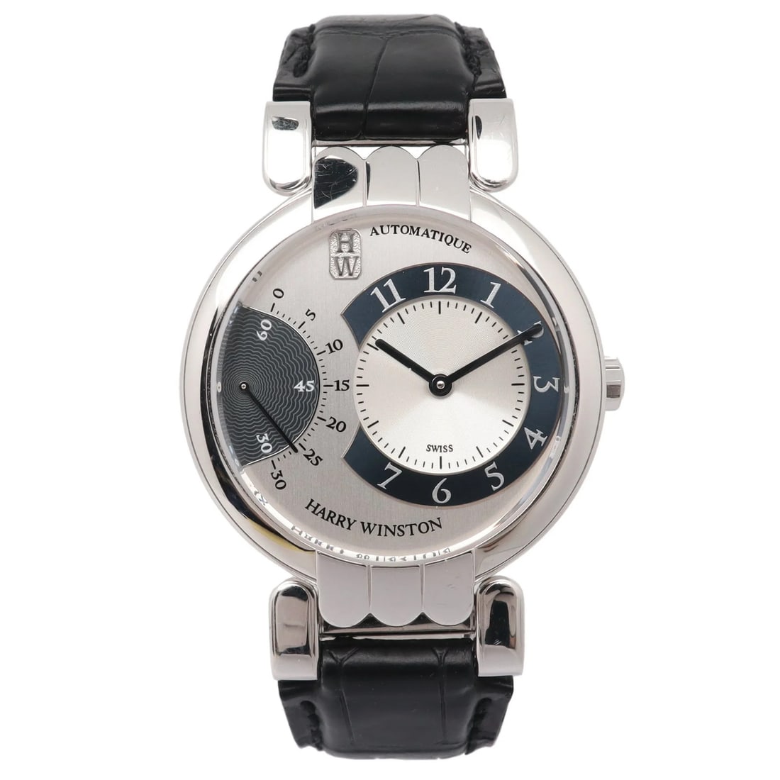 Harry Winston Premier Excenter Retrograde 37mm 18K White Gold Mens Wristwatch: Harry Winston Premier Excenter Retrograde 37mm 18K White Gold Mens Wristwatch Harry Winston Premier Excenter Retrograde wristwatch in 18K white gold with a silver analog dial, Arabic numerals, and bla