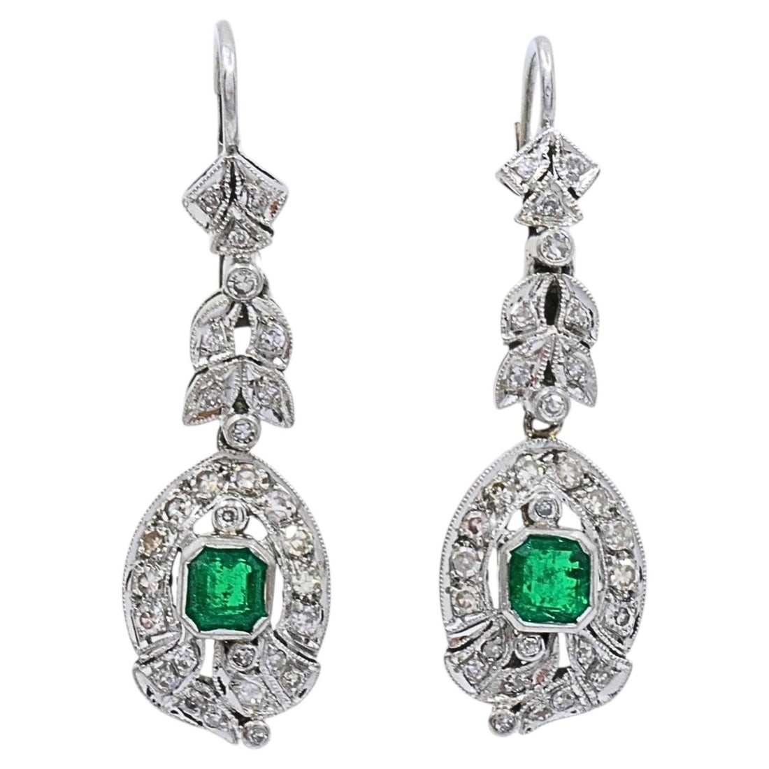 Emerald Diamond Drop Earrings in 12K White Gold Art Deco Style (1 of 9)