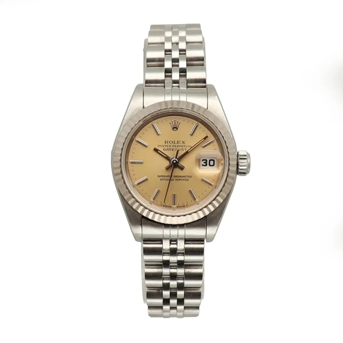 Rolex 69174 Datejust womens 26mm steel wristwatch silver dial: Rolex 69174 Datejust womens 26mm steel wristwatch silver dial Pre-owned Rolex Datejust 69174 ladies wristwatch with a naturally aged silver sunburst dial that has developed a cream-toned patina. This 