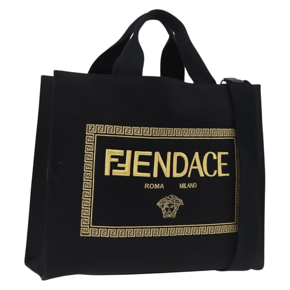 FENDI 7VA558 Fendace Canvas 2way Tote Black Gold (1 of 18)