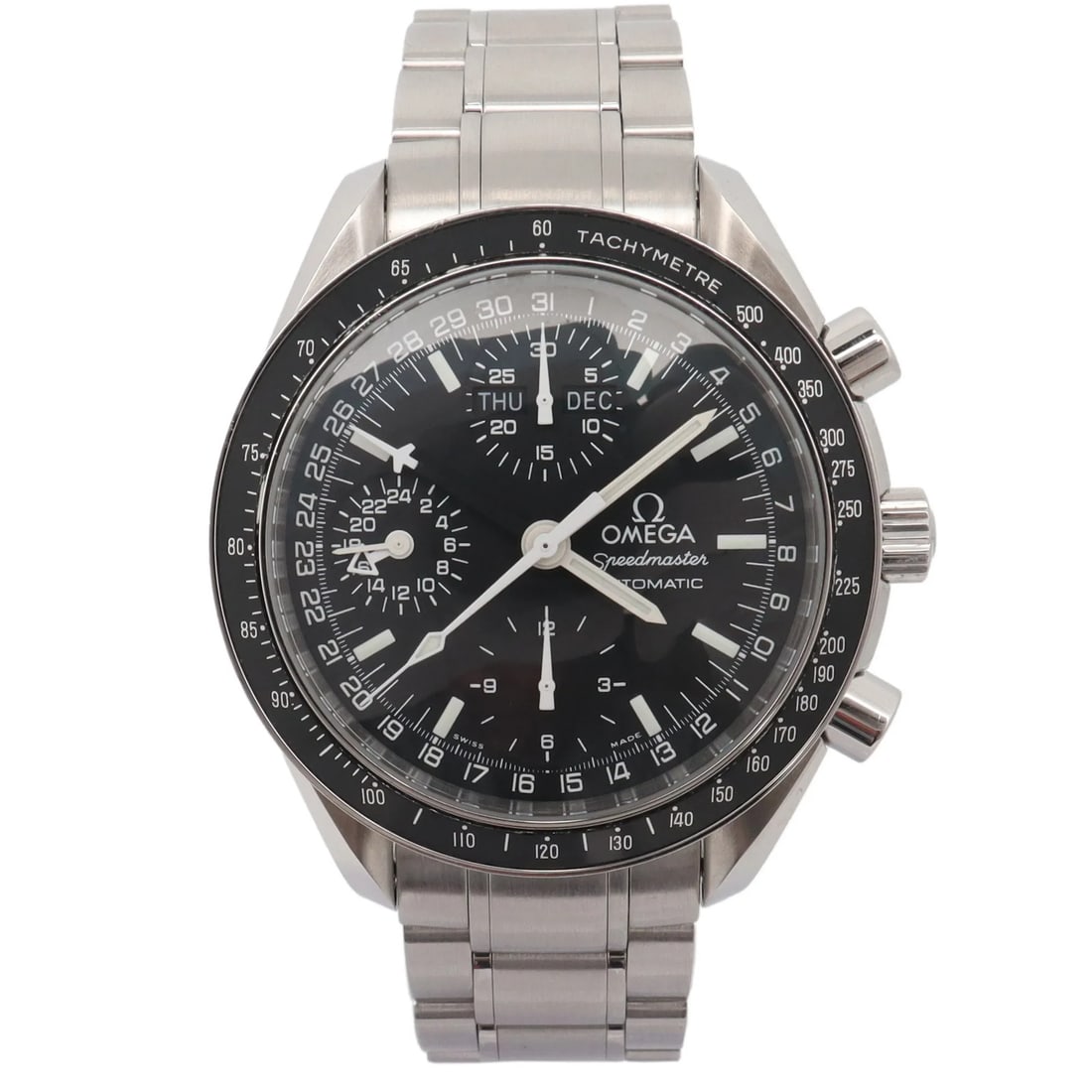 Omega Speedmaster 3520.50.00 mens automatic steel bracelet watch: Omega Speedmaster 3520.50.00 mens automatic steel bracelet watch Omega Speedmaster automatic men's wristwatch with day, date, and month display. This Swiss-made sport watch features a black analog dia