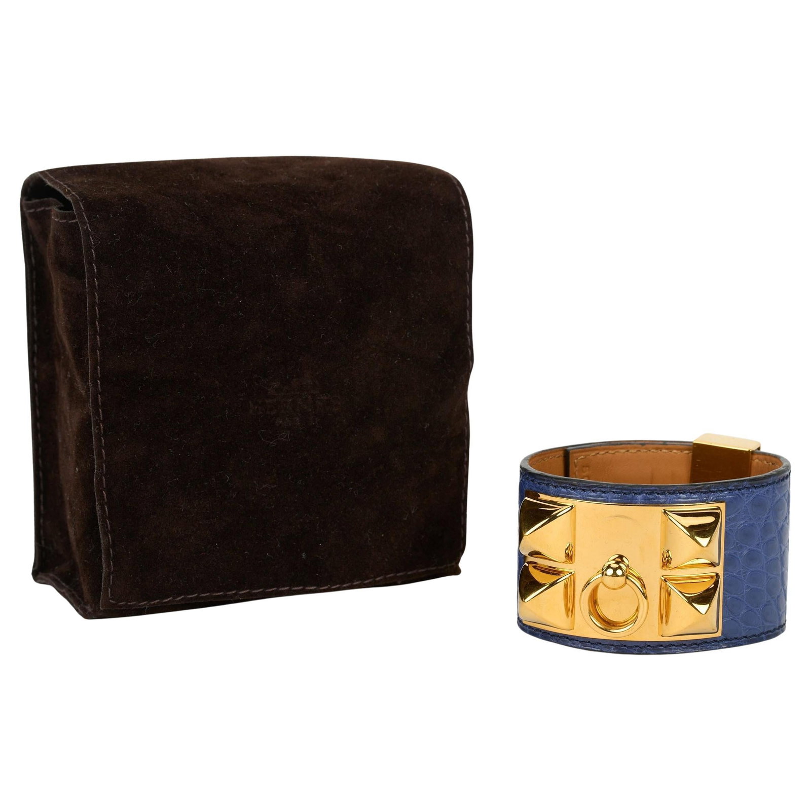 Hermes Collier De Chien blue alligator bracelet gold tone hardware: Hermes Collier De Chien blue alligator bracelet gold tone hardware Hermes Collier De Chien bracelet in blue Mississippiensis alligator leather with an adjustable closure and gold tone hardware. Date s