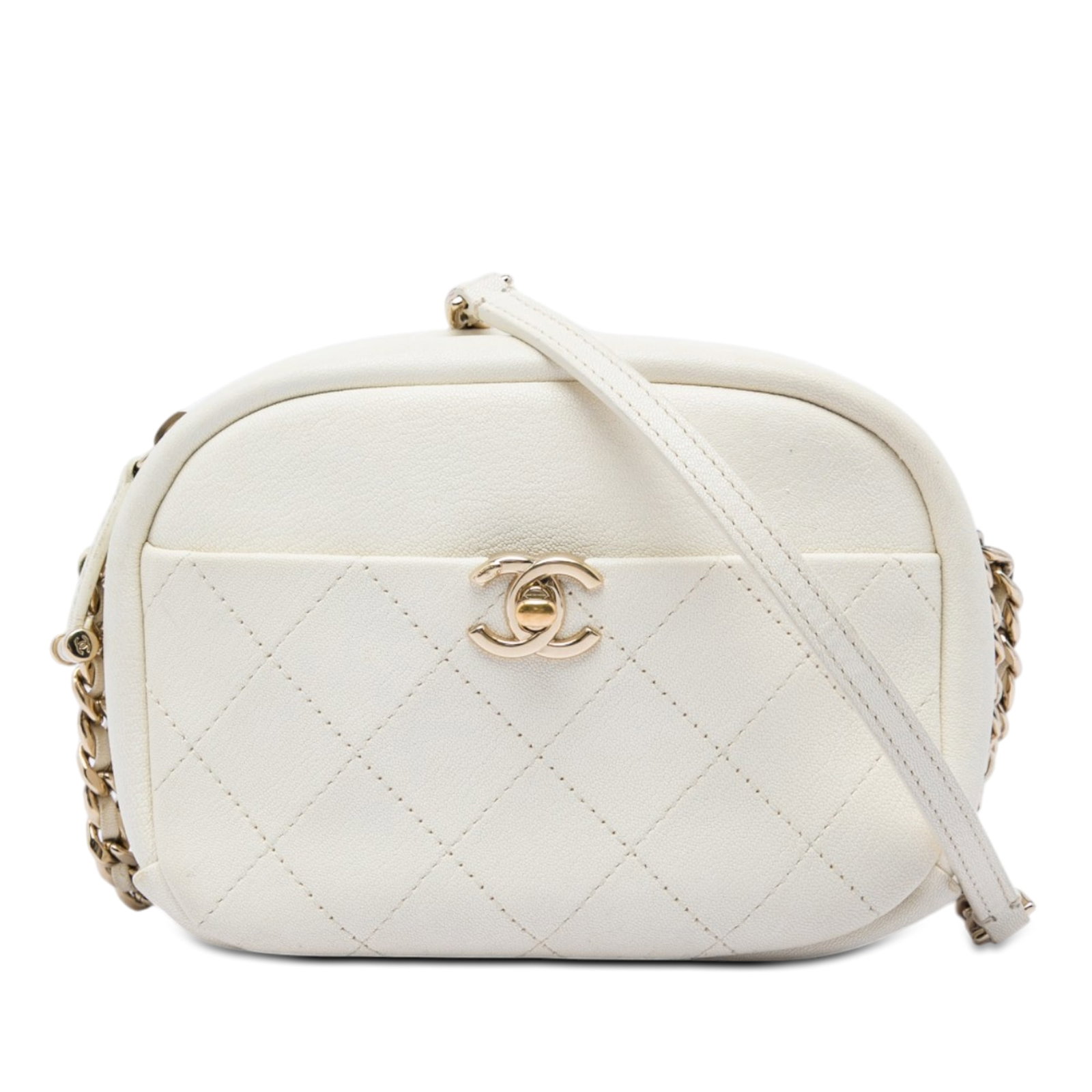 Chanel Casual Trip Small Quilted Goatskin Crossbody Camera Bag: Chanel Casual Trip Small Quilted Goatskin Crossbody Camera Bag Small quilted goatskin camera bag with a leather-woven chain crossbody strap, top zip closure, exterior slip pocket with CC turn lock clo